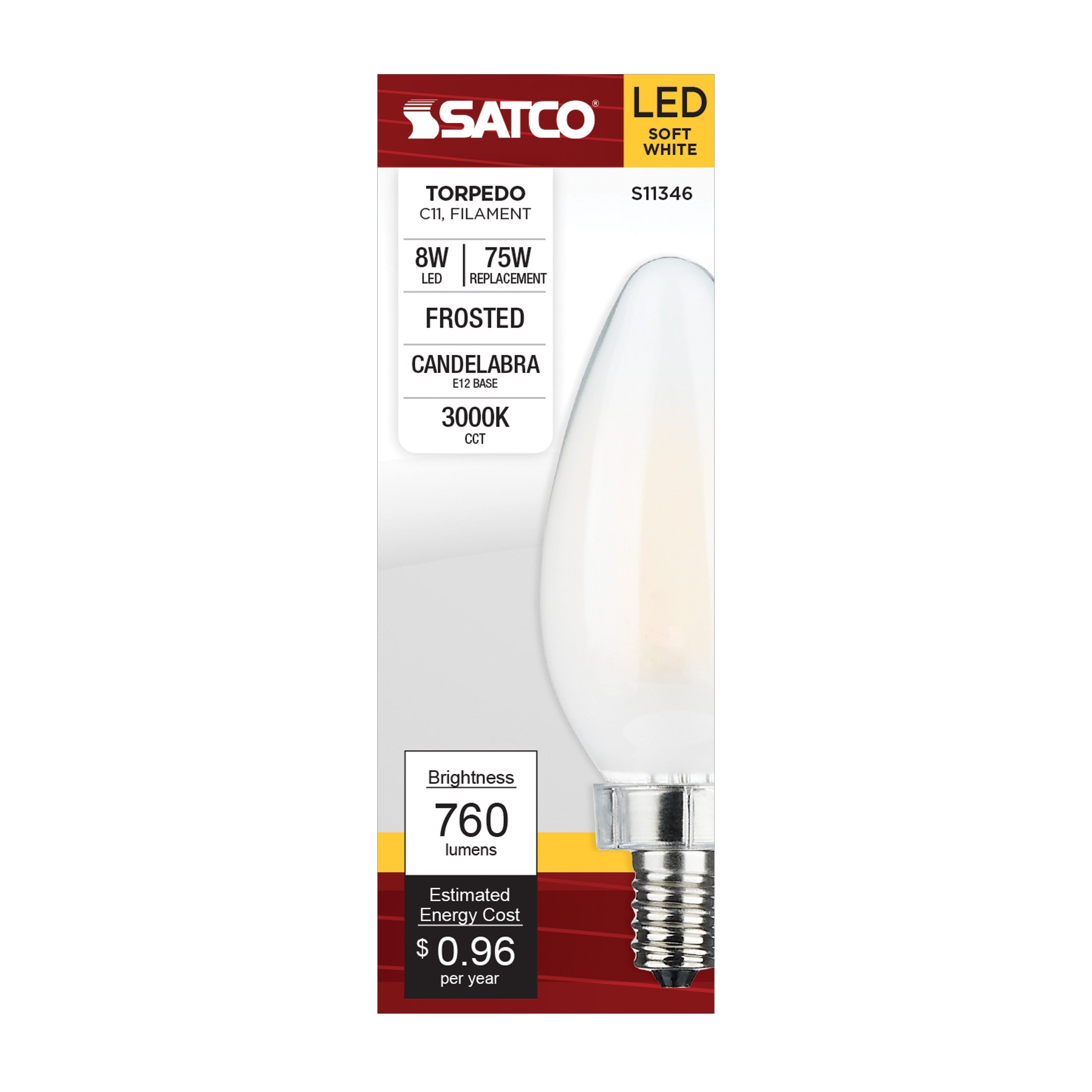 Picture of S11346 - 8 Watt C11 LED - Frosted Finish - Candelabra Base - 3000K - 90 CRI - 800 Lumens - 120 Volt