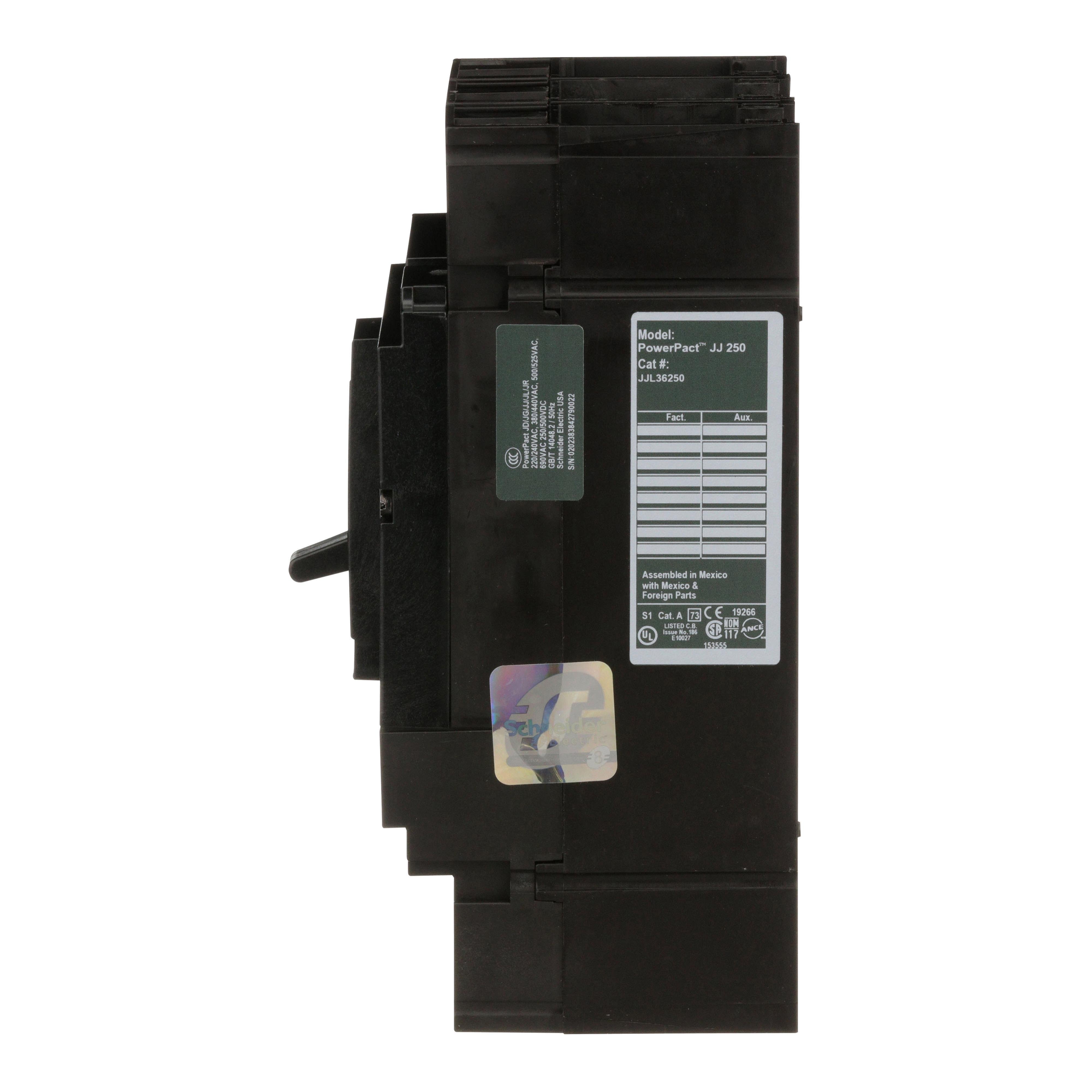 Picture of JJL36250 - Circuit breaker, PowerPacT J, 250A, 3 pole, 600VAC, 25kA, lugs, thermal magnetic, 80%