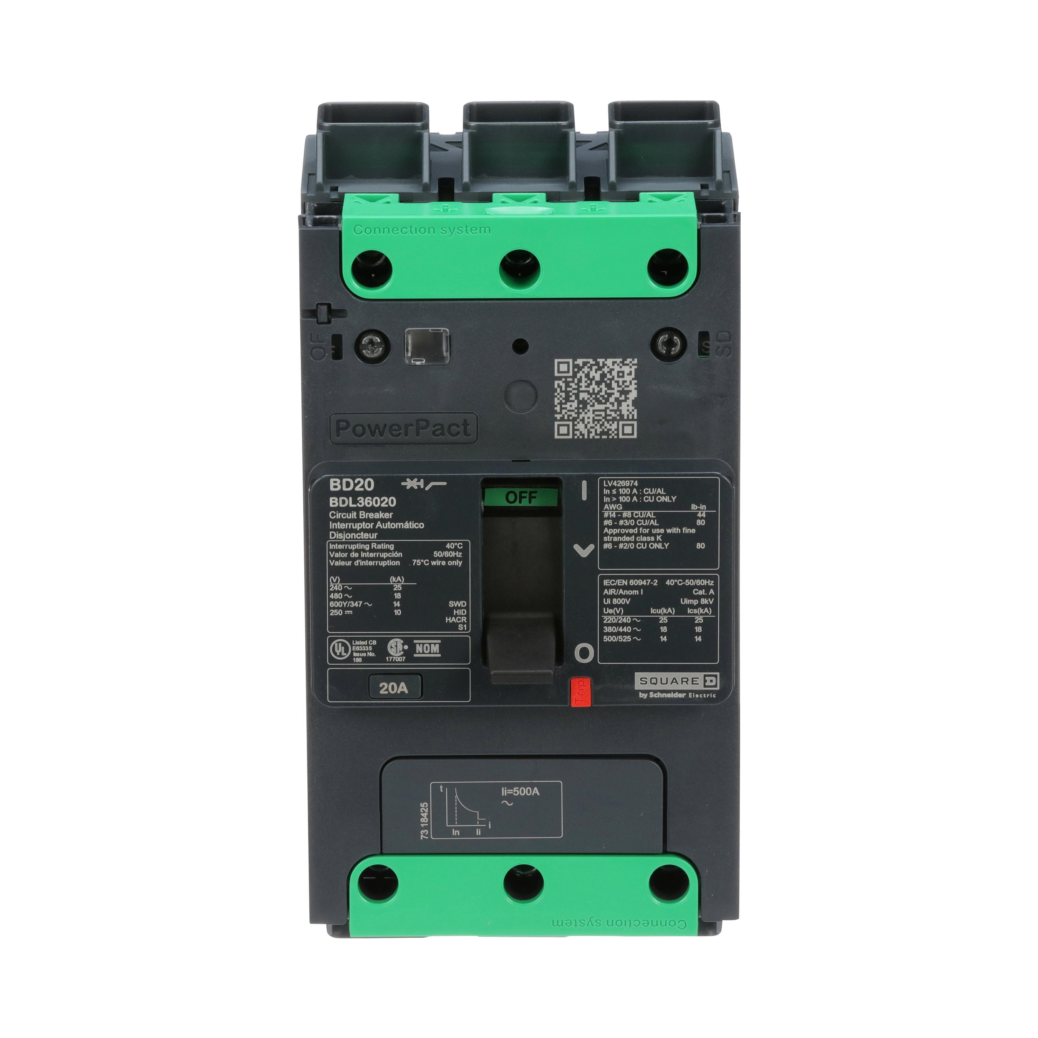 BDL36020 - Circuit breaker, PowerPacT B, 20A, 3 pole, 600Y/347VAC, 14kA, lugs, thermal magnetic, 80%