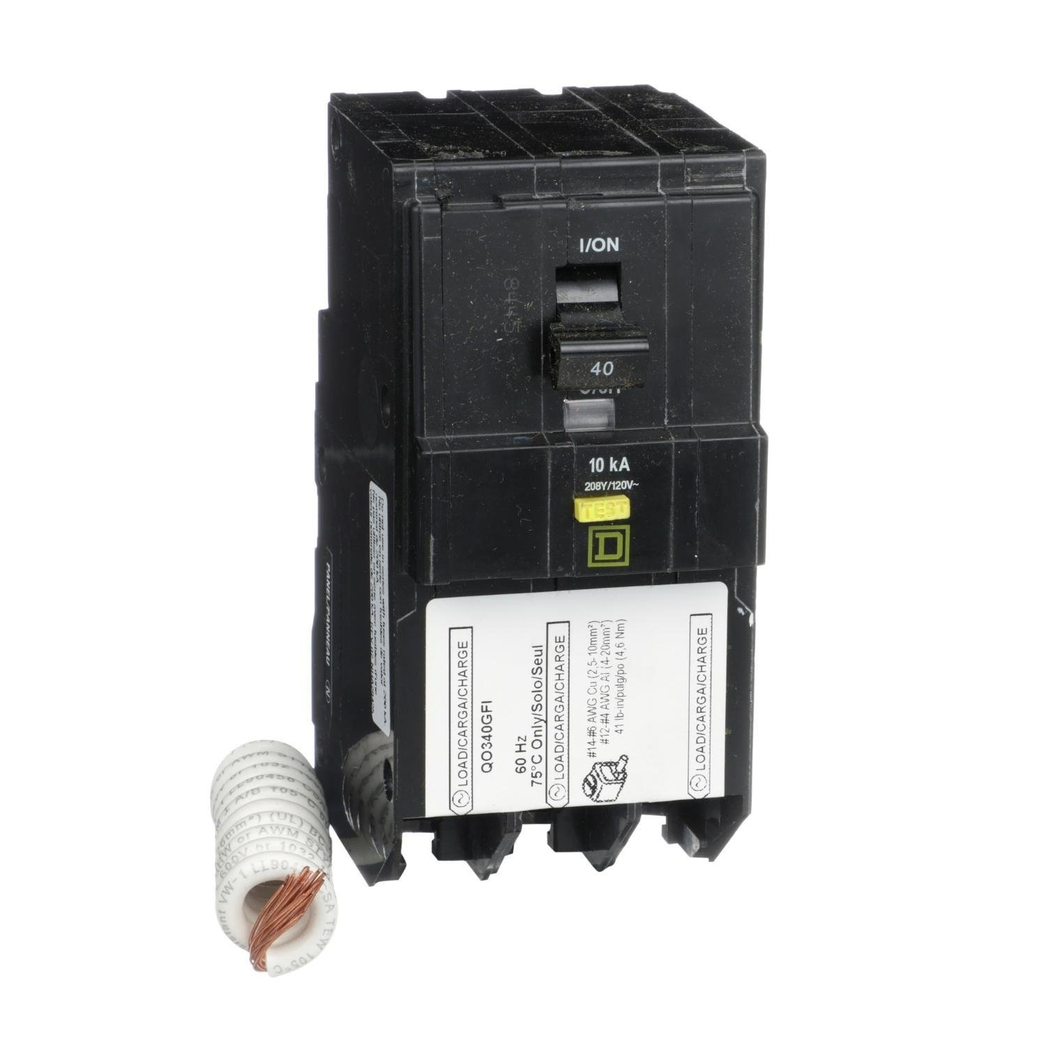 QO340GFI - Mini circuit breaker, QO, 40A, 3 pole, 208Y/120VAC, 10kA, plug in, 6mA grd fault A, pigtail [TAA]