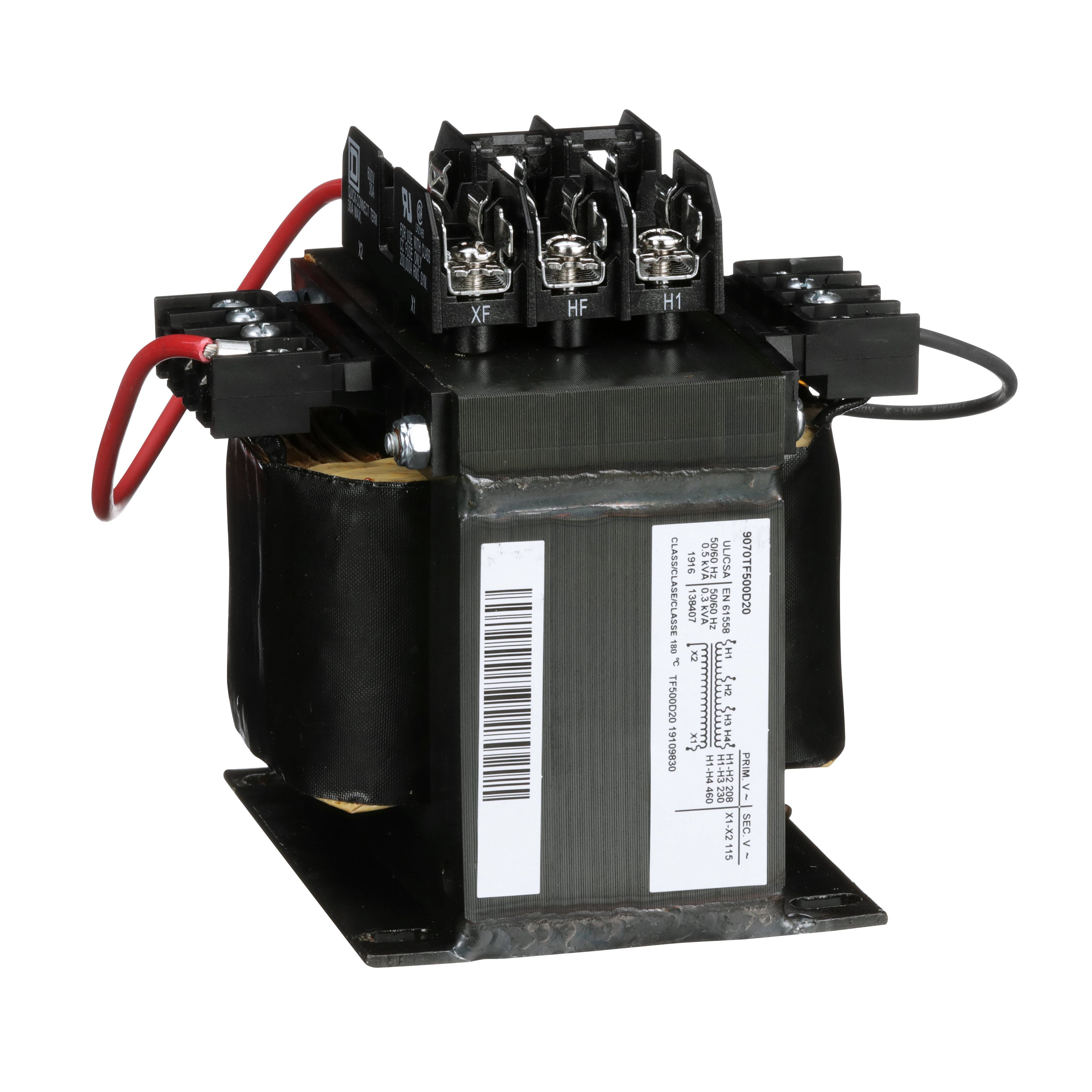 9070TF500D20 - Industrial control transformer, Type TF, 1 phase, 500VA, 208/230/460V primary, 115V secondary, 50/60Hz
