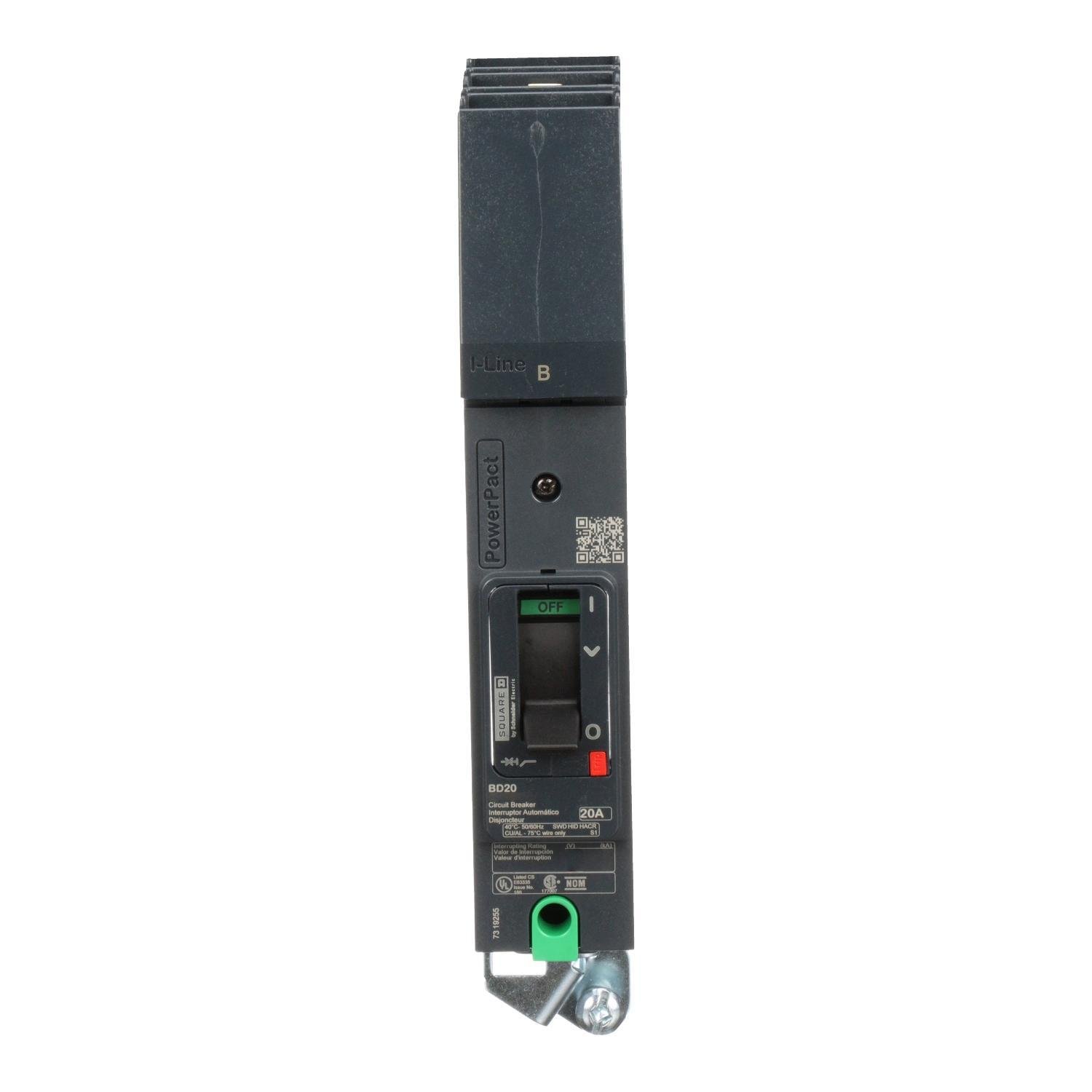 BDA160203 - Circuit breaker, PowerPacT B, 20A, 1 pole, 600Y/347VAC, 14kA, I-Line, thermal magnetic, 80%, B