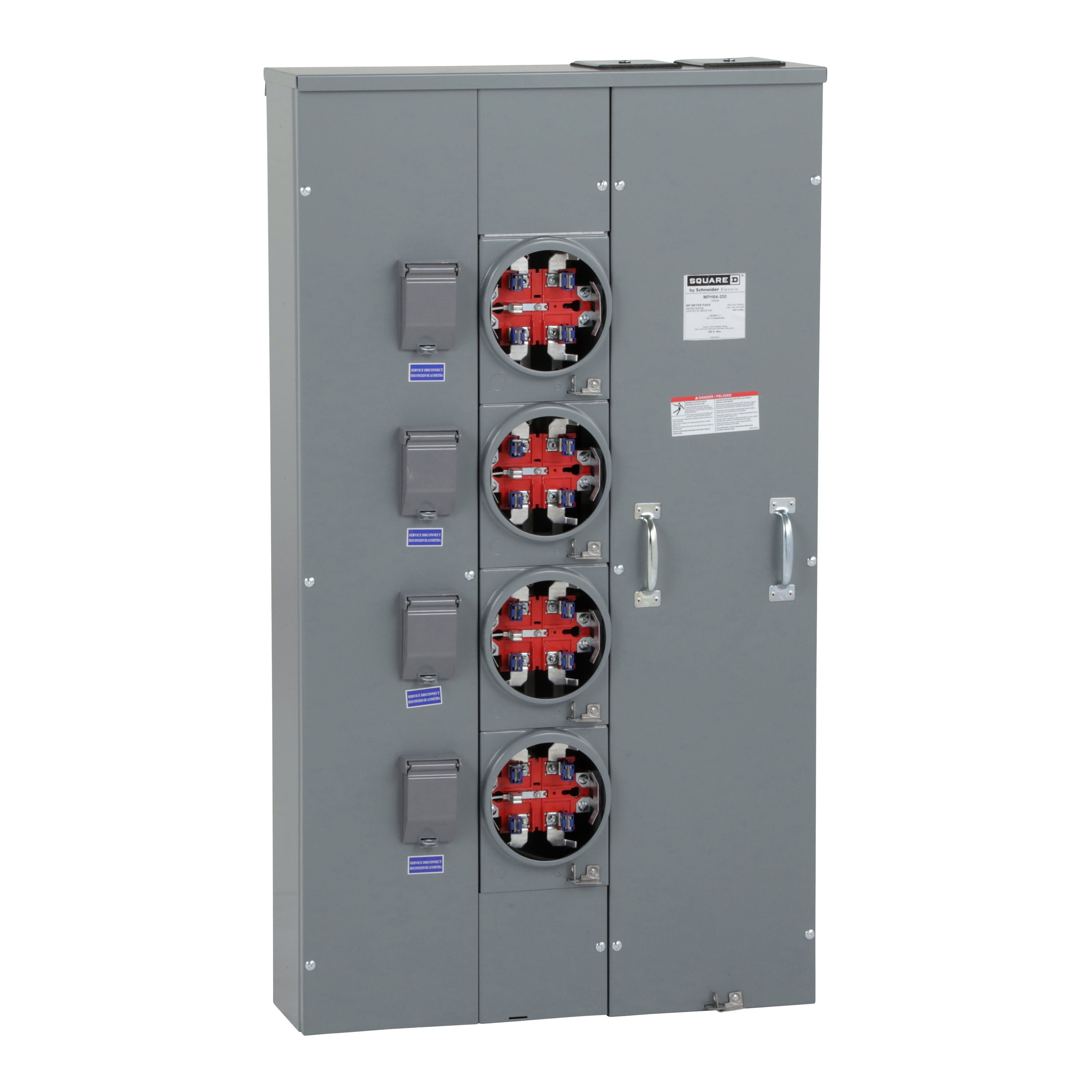 MPH64200 - Meter center, MP Meter-Pak, 4 sockets, horn bypass, 5 jaws, 600A bus, 200A max breaker rating, ringless