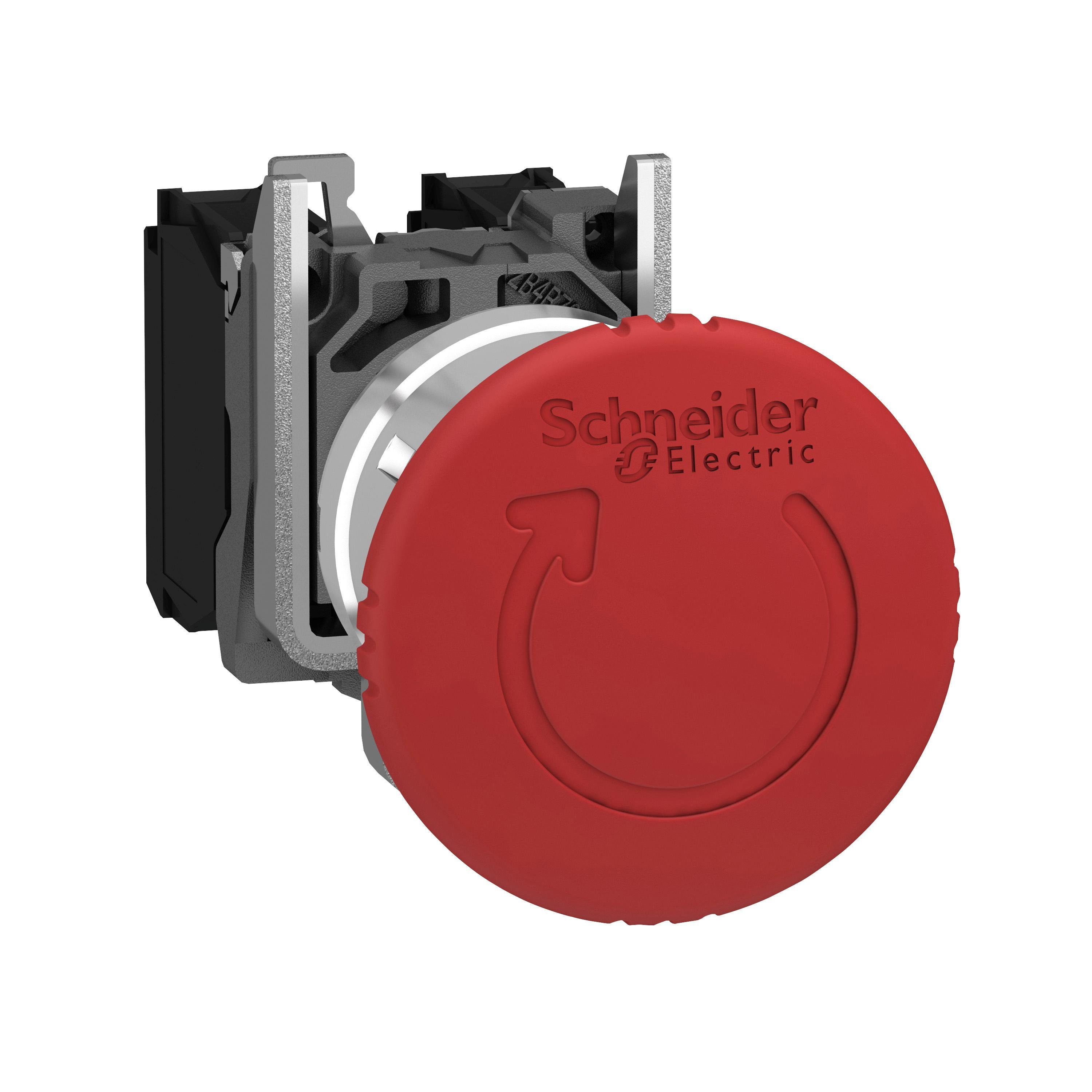 Picture of XB4BS8444 - Emergency stop push button, Harmony XB4, metal, red mushroom, 40mm, 22mm, trigger latching turn to release, 2NC