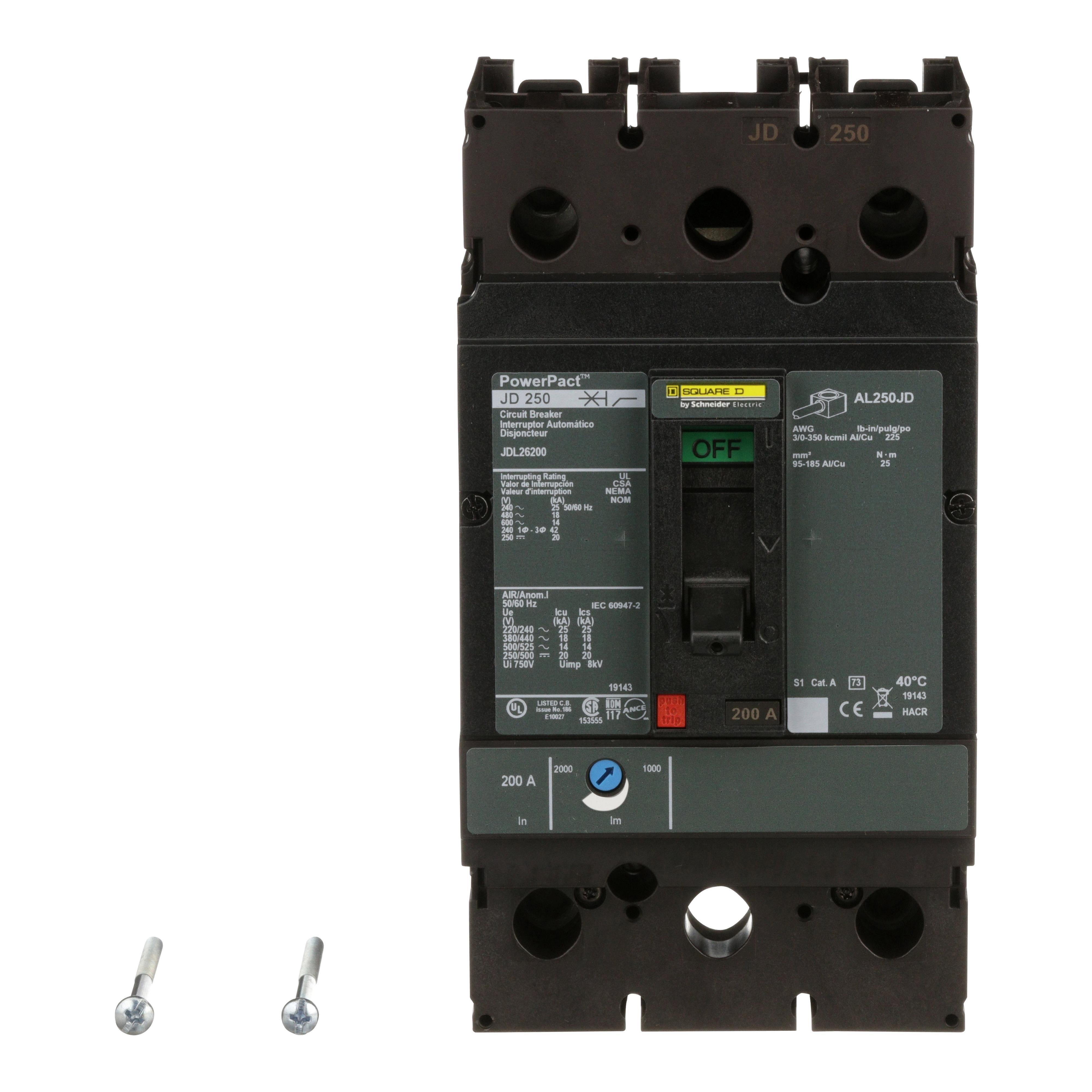 Picture of JDL26200 - Circuit breaker, PowerPacT J, 200A, 2 pole, 600VAC, 14kA, lugs, thermal magnetic, 80%