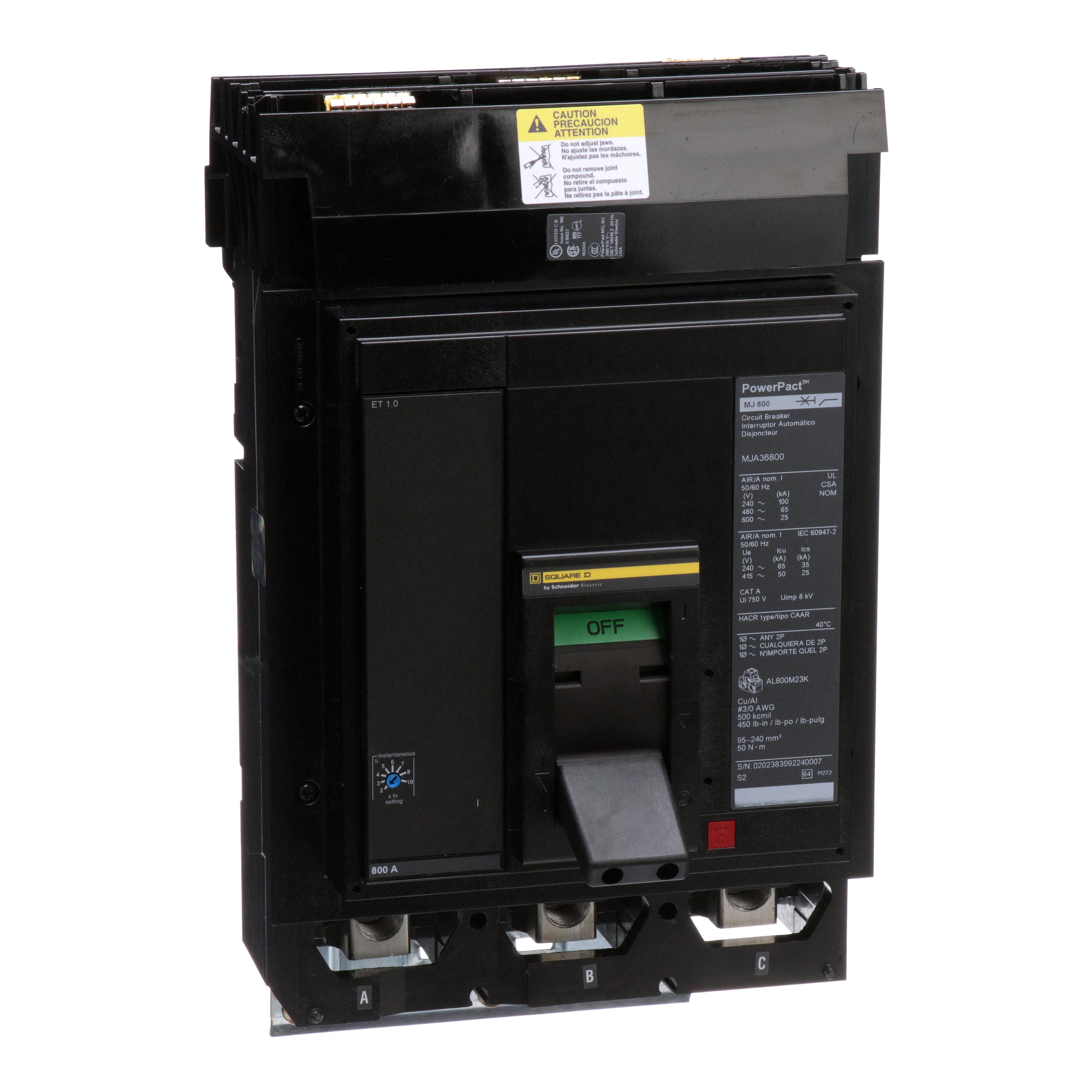 Picture of MJA36800 - Circuit breaker, PowerPacT M, 800A, 3 pole, 600VAC, 25kA, I-Line, ET 1.0, 80%, ABC