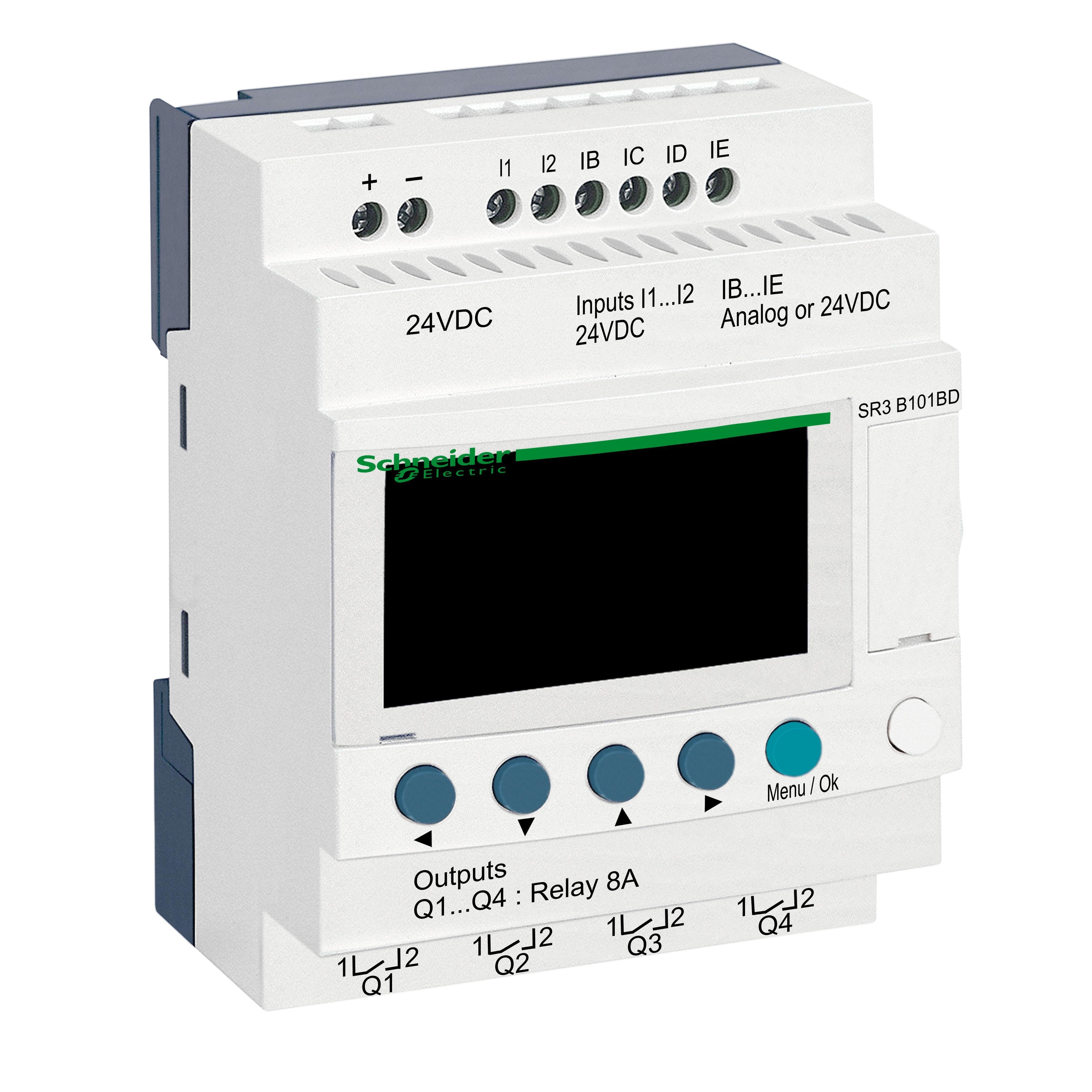 Picture of SR3B101BD - modular smart relay, Zelio Logic SR2 SR3, 10 IO, 24V DC, clock, display, 4 relay outputs