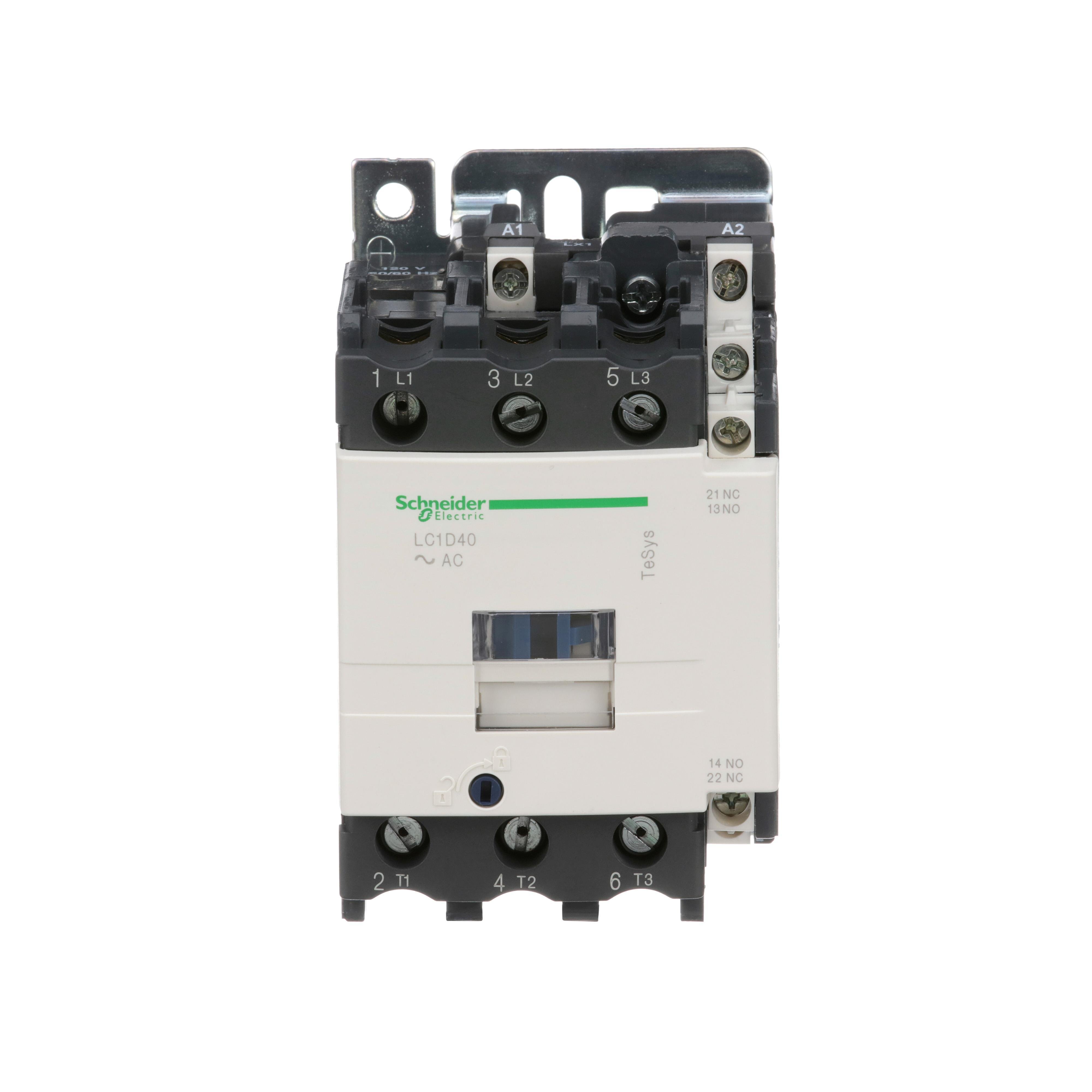 LC1D40G7 - TeSys D IEC contactor, 40 A, 3 P, 30 HP at 480 VAC, nonreversing, 120 VAC 50/60 Hz coil