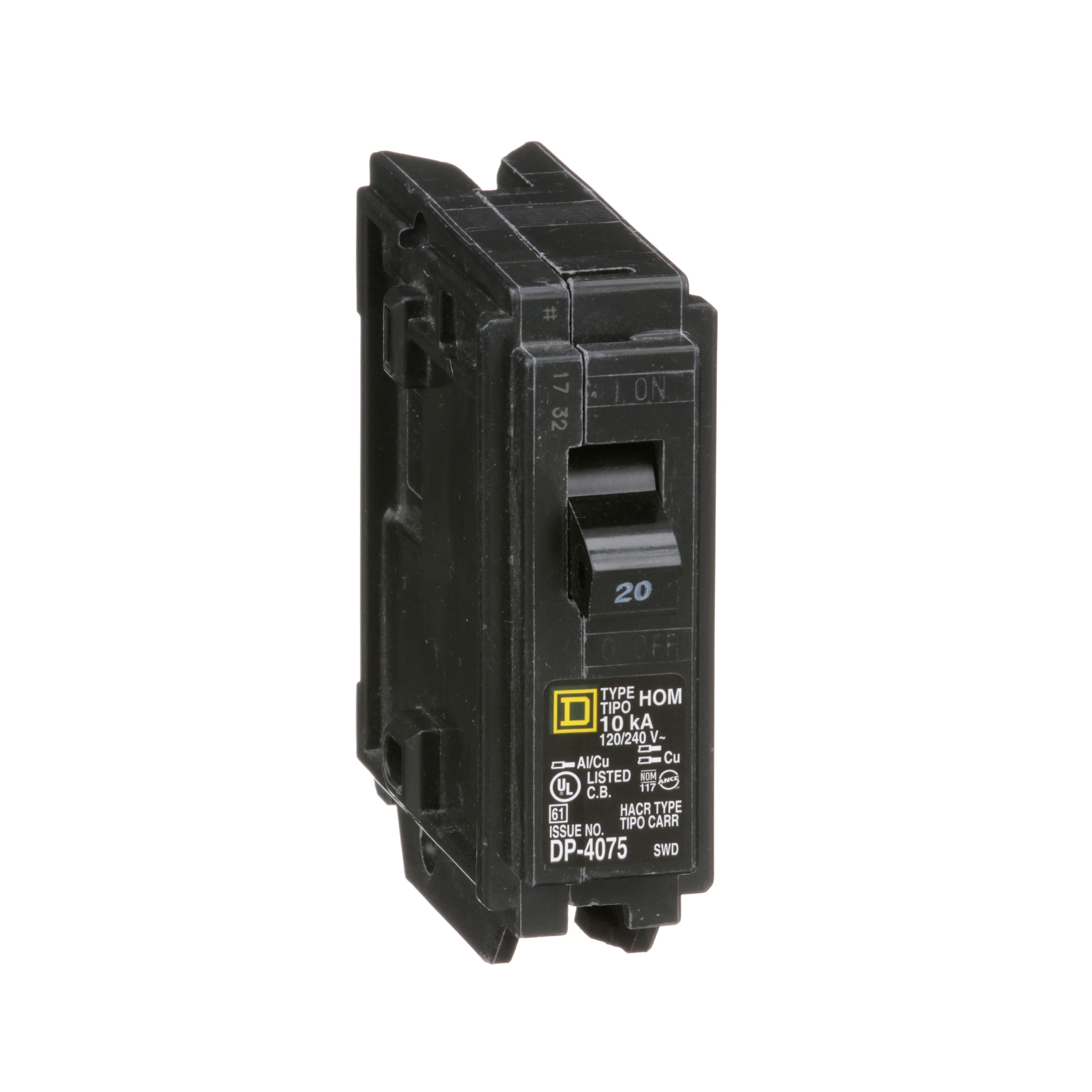 HOM120 - Mini circuit breaker, Homeline, 20A, 1 pole, 120/240VAC, 10kA AIR, standard type, plug in, UL