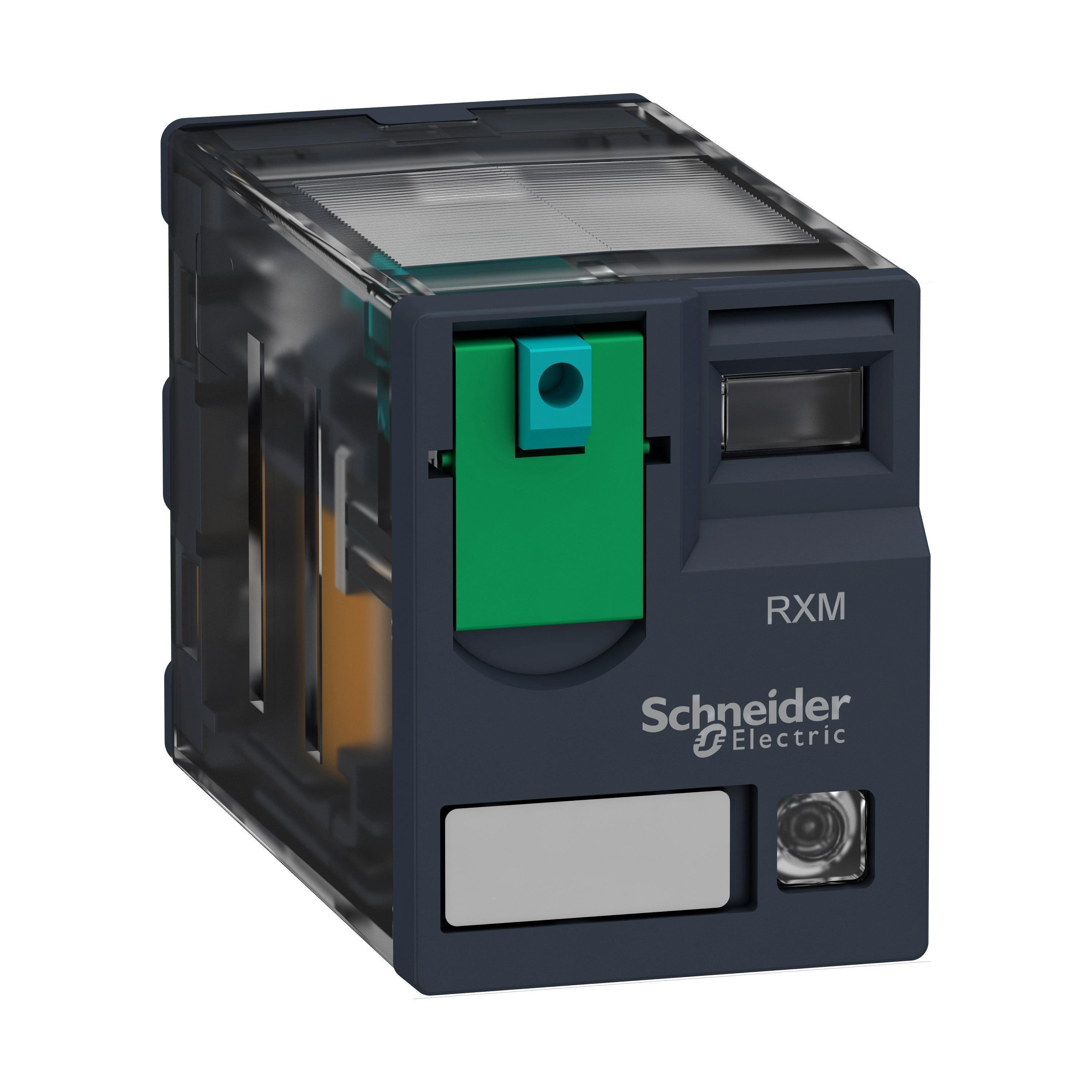 Picture of RXM3AB2BD - miniature plug in relay, Harmony Electromechanical Relays, 10A, 3CO, with LED, lockable test but to n, 24V DC