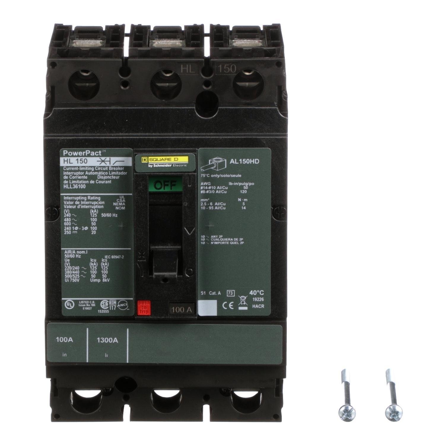 HLL36100 - Circuit breaker, PowerPacT H, 100A, 3 pole, 600VAC, 50kA, lugs, thermal magnetic, 80%