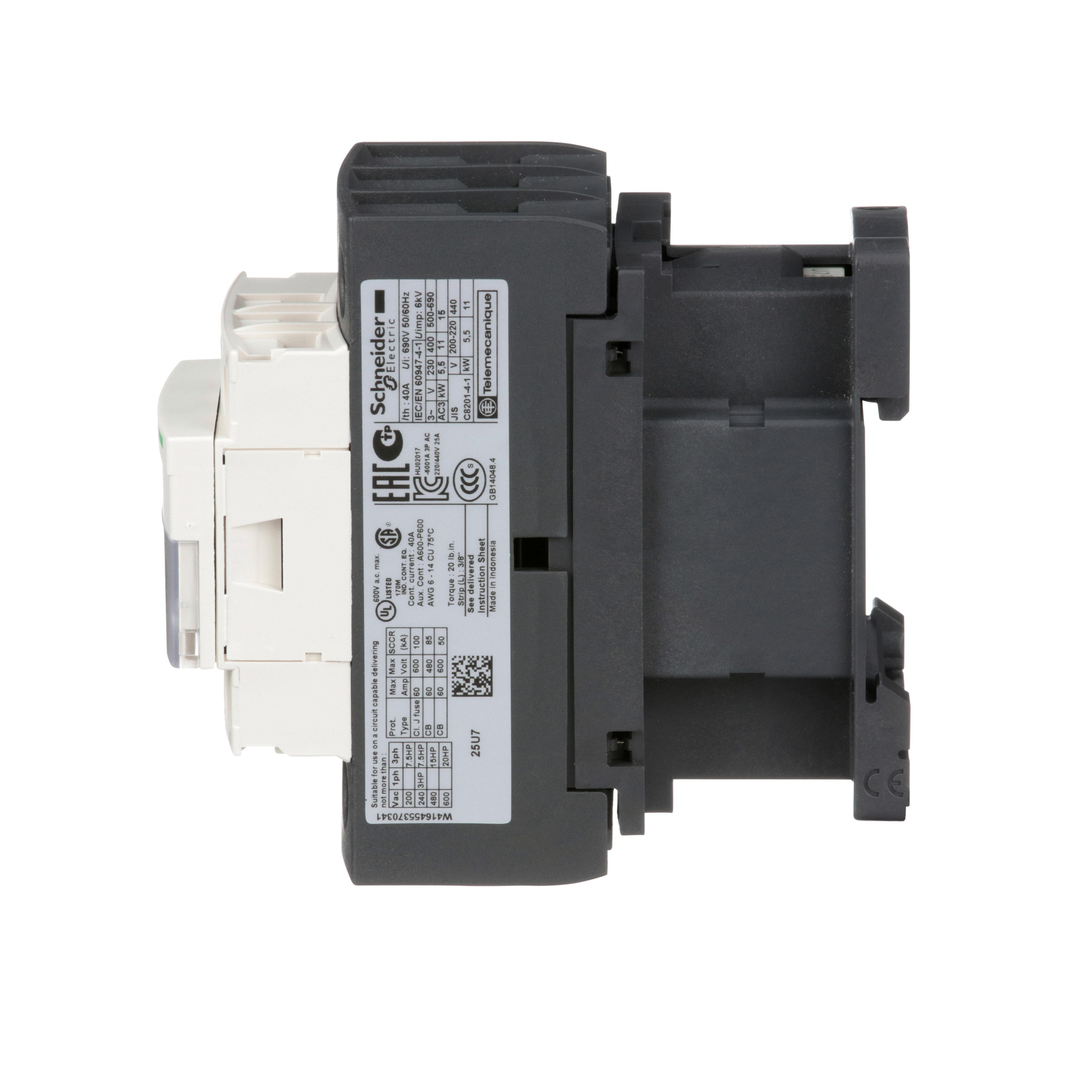 Picture of LC1D25U7 - IEC contactor, TeSys Deca, nonreversing, 25A, 15HP at 480VAC, up to 100kA SCCR, 3 phase, 3 NO, 240VAC 50/60Hz coil, open