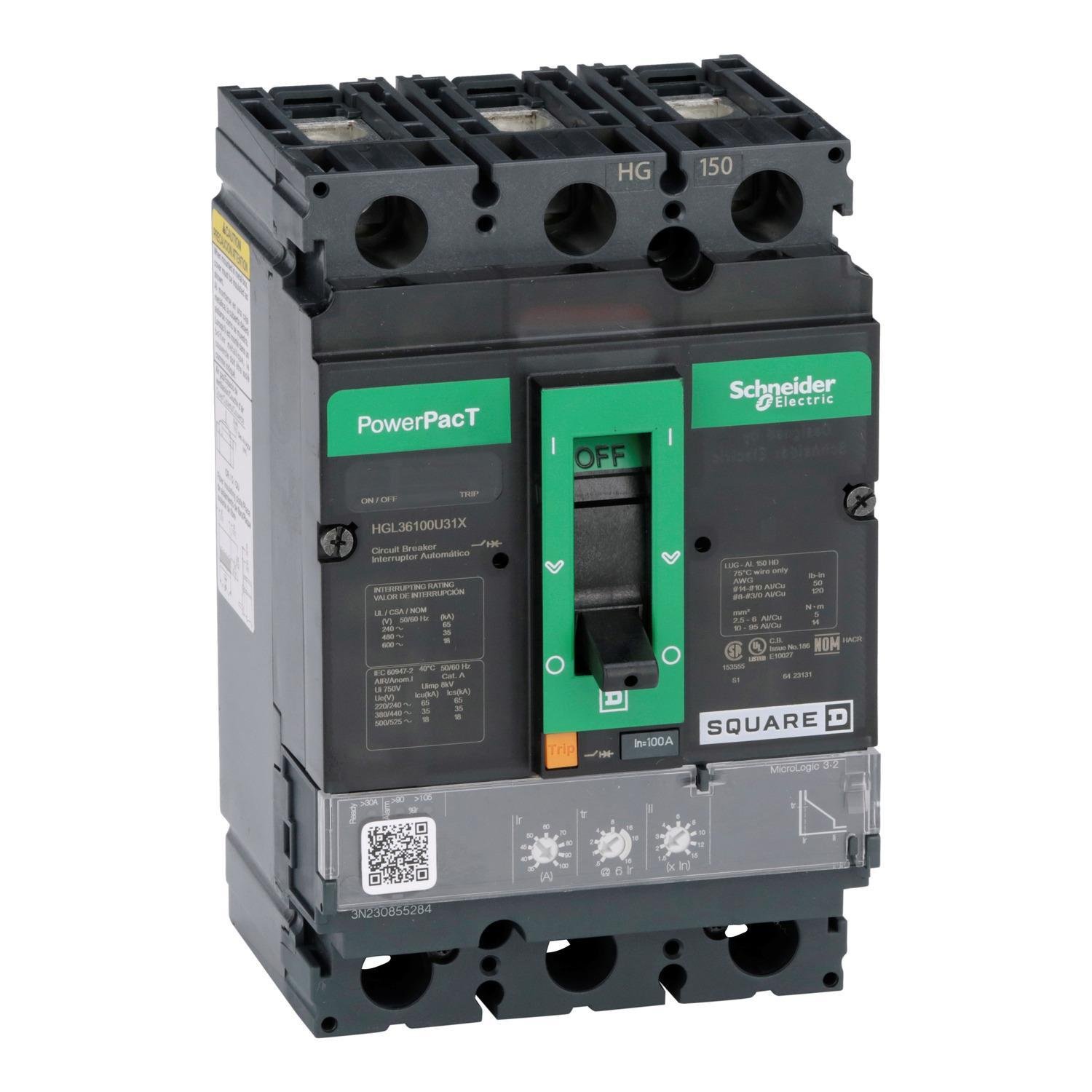Picture of HGL36100U31X - Circuit breaker, PowerPacT H, 100A, 3 pole, 600VAC, 18kA, lugs, Micrologic 3.2, 80%