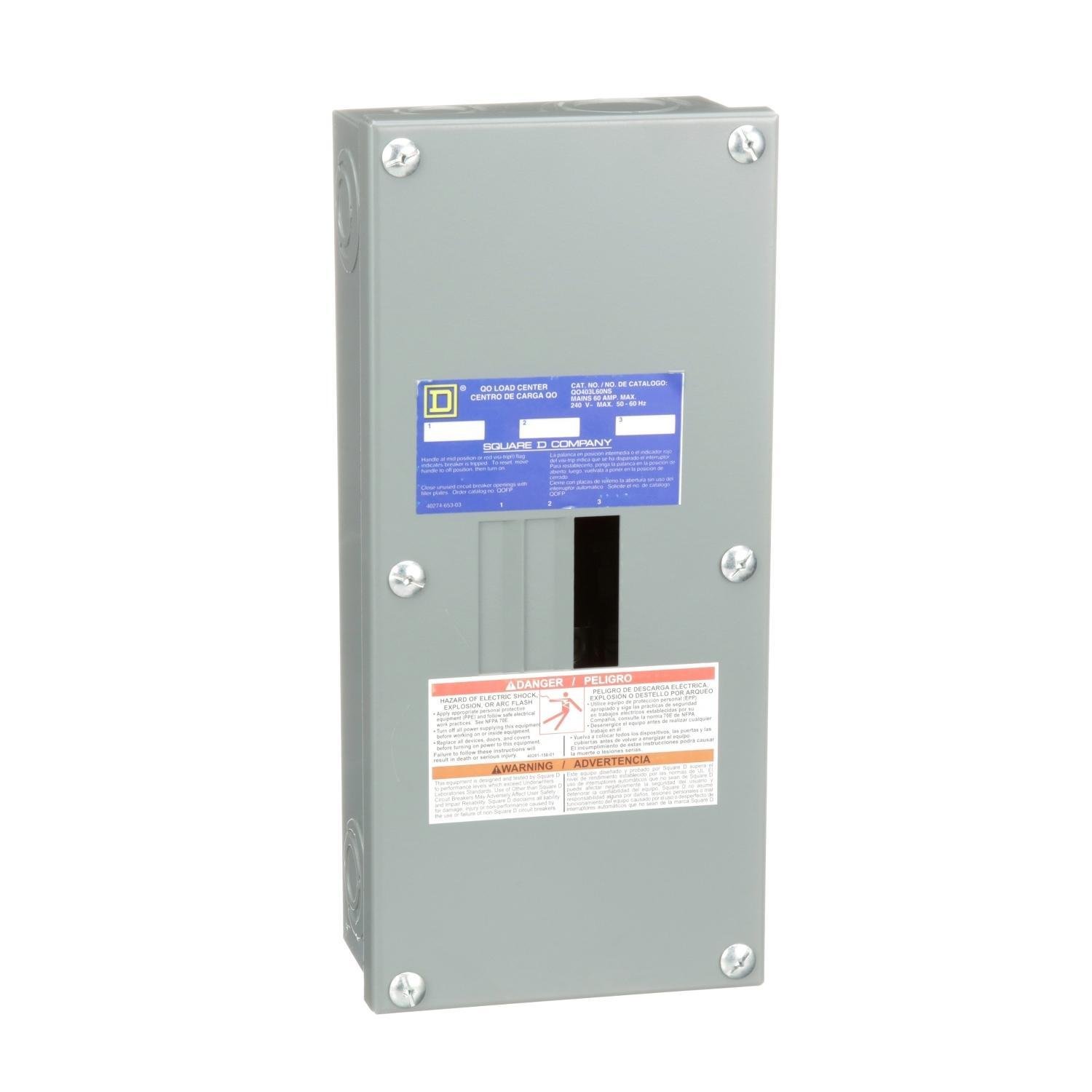 QO403L60NS - Load center, QO, 3 phase, 3 spaces, 3 circuits, 60A main lugs, NEMA1, neutral gnd bar, surface cover, UL