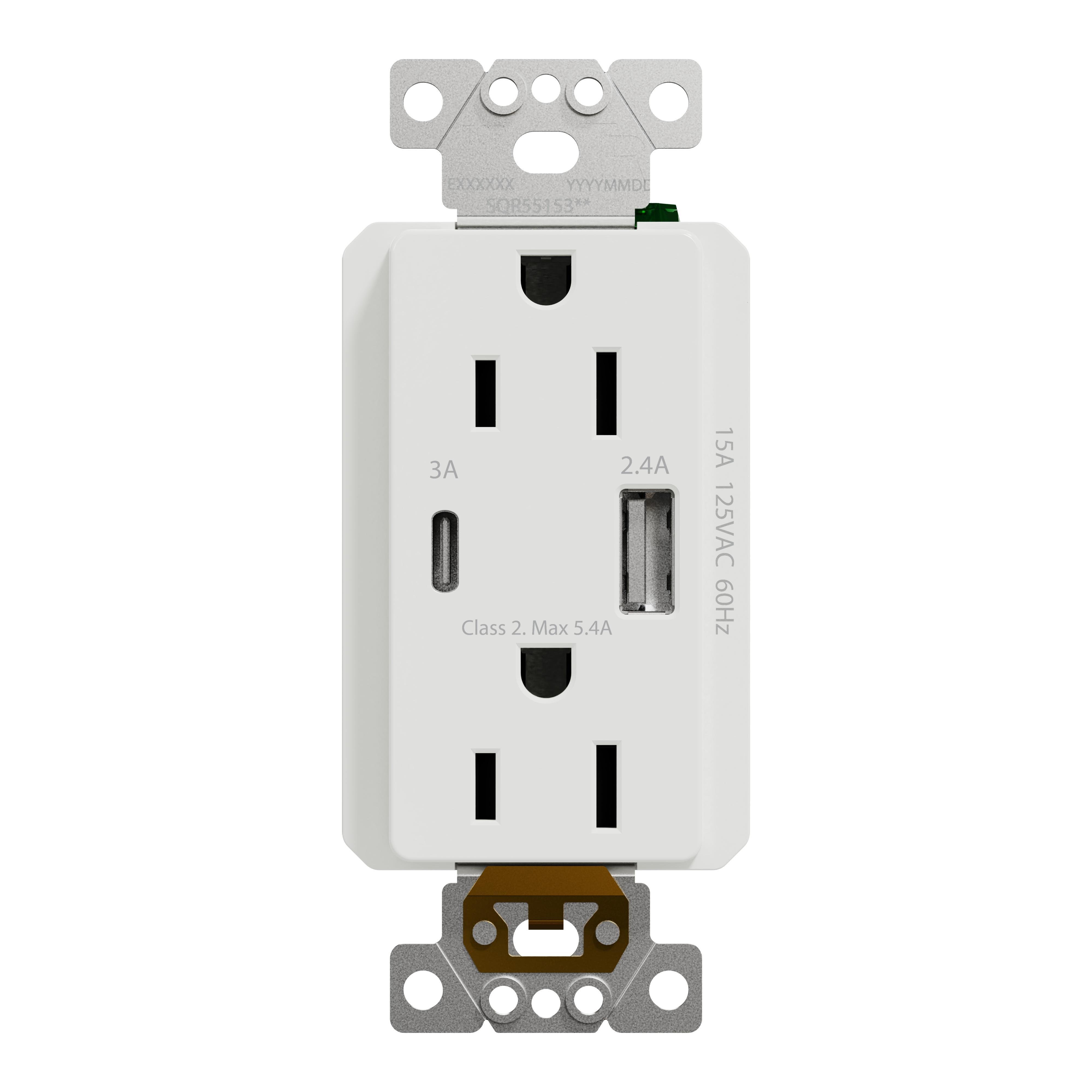 SQR55153WH - USB charger + socket-outlet, X Series, 15A socket, 5.4A USB A/C, duplex, tamper resistant, white, matte finish