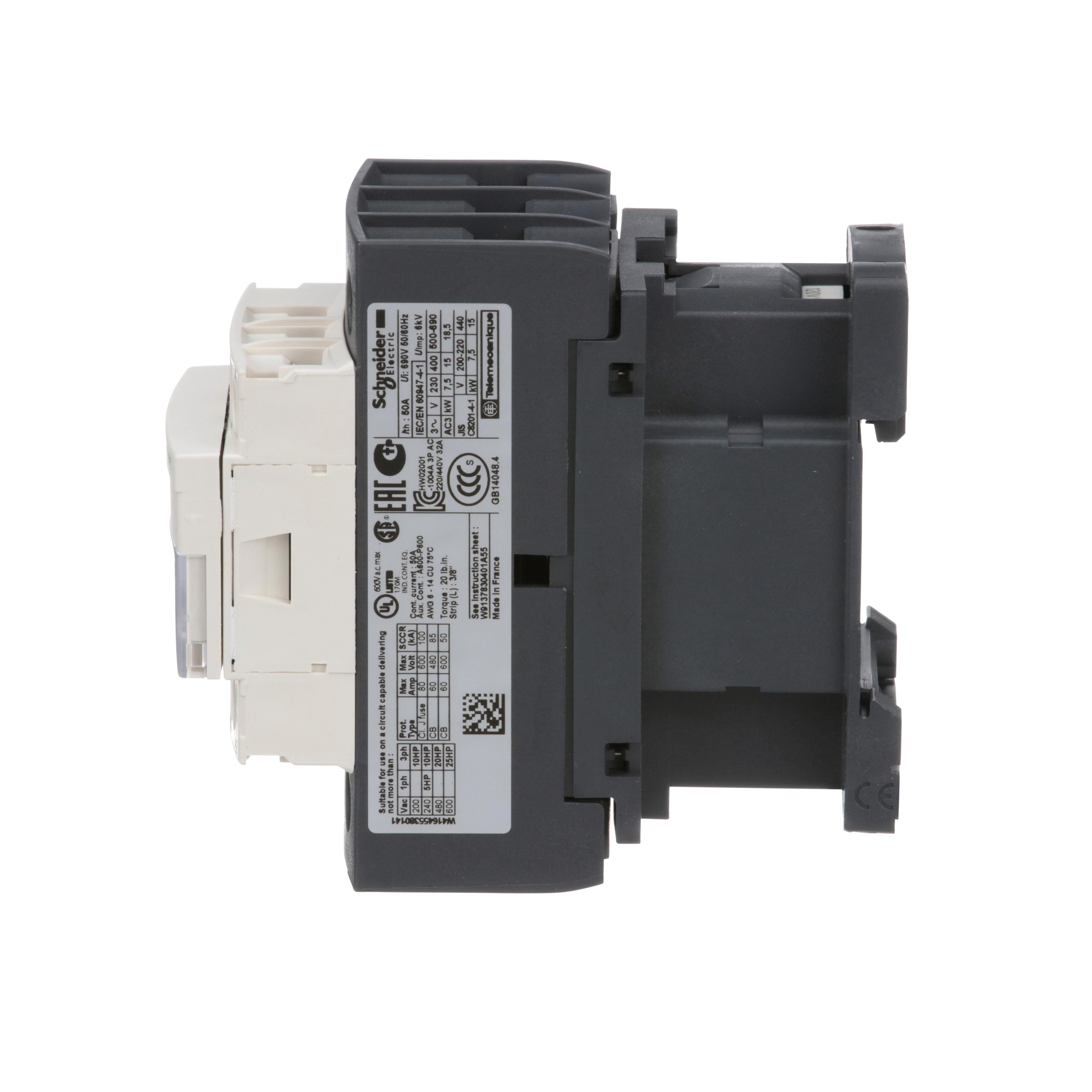 Picture of LC1D32G7 - IEC contactor, TeSys Deca, nonreversing, 32A, 20HP at 480VAC, up to 100kA SCCR, 3 phase, 3 NO, 120VAC 50/60Hz coil, open