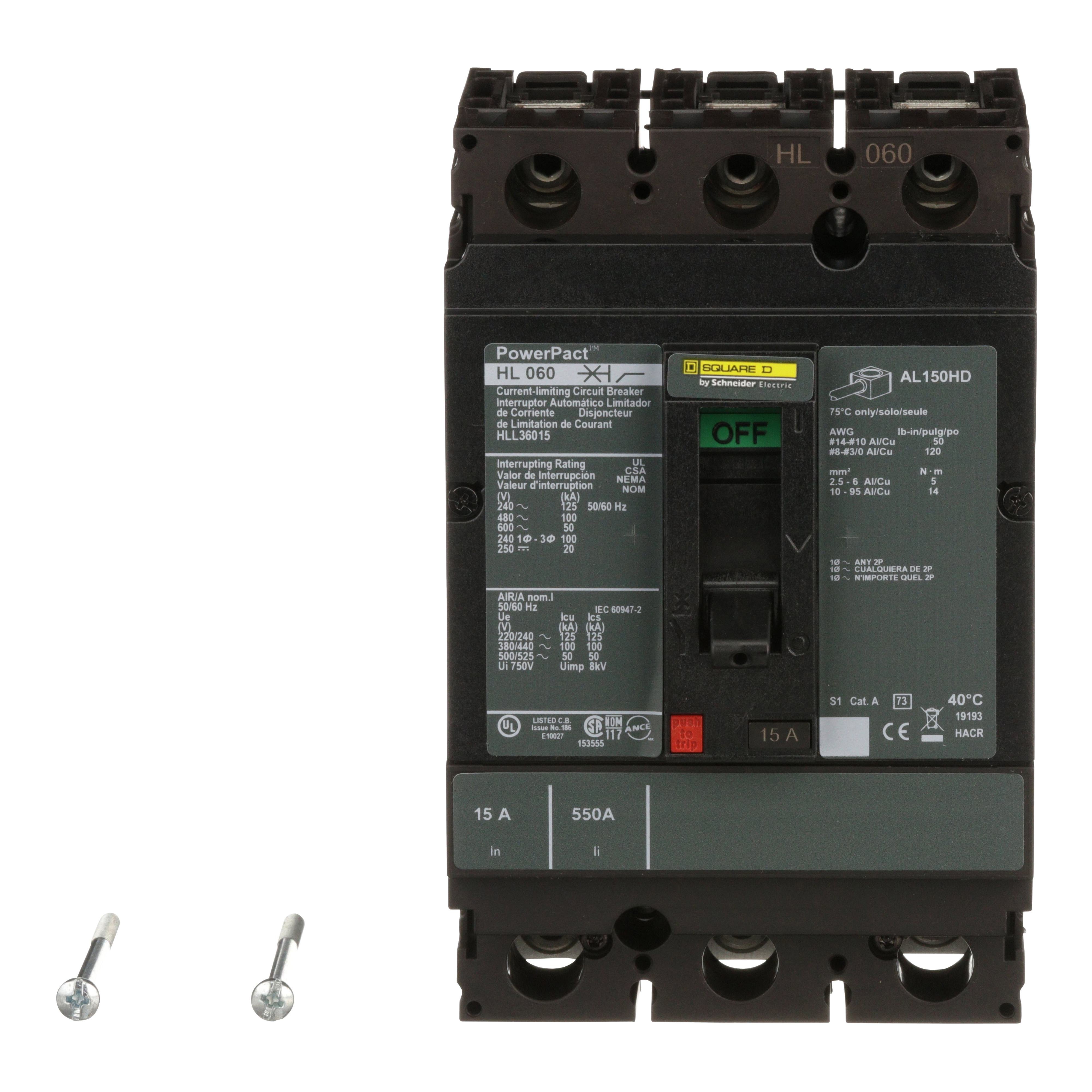 Picture of HLL36015 - Circuit breaker, PowerPacT H, 15A, 3 pole, 600VAC, 50kA, lugs, thermal magnetic, 80%