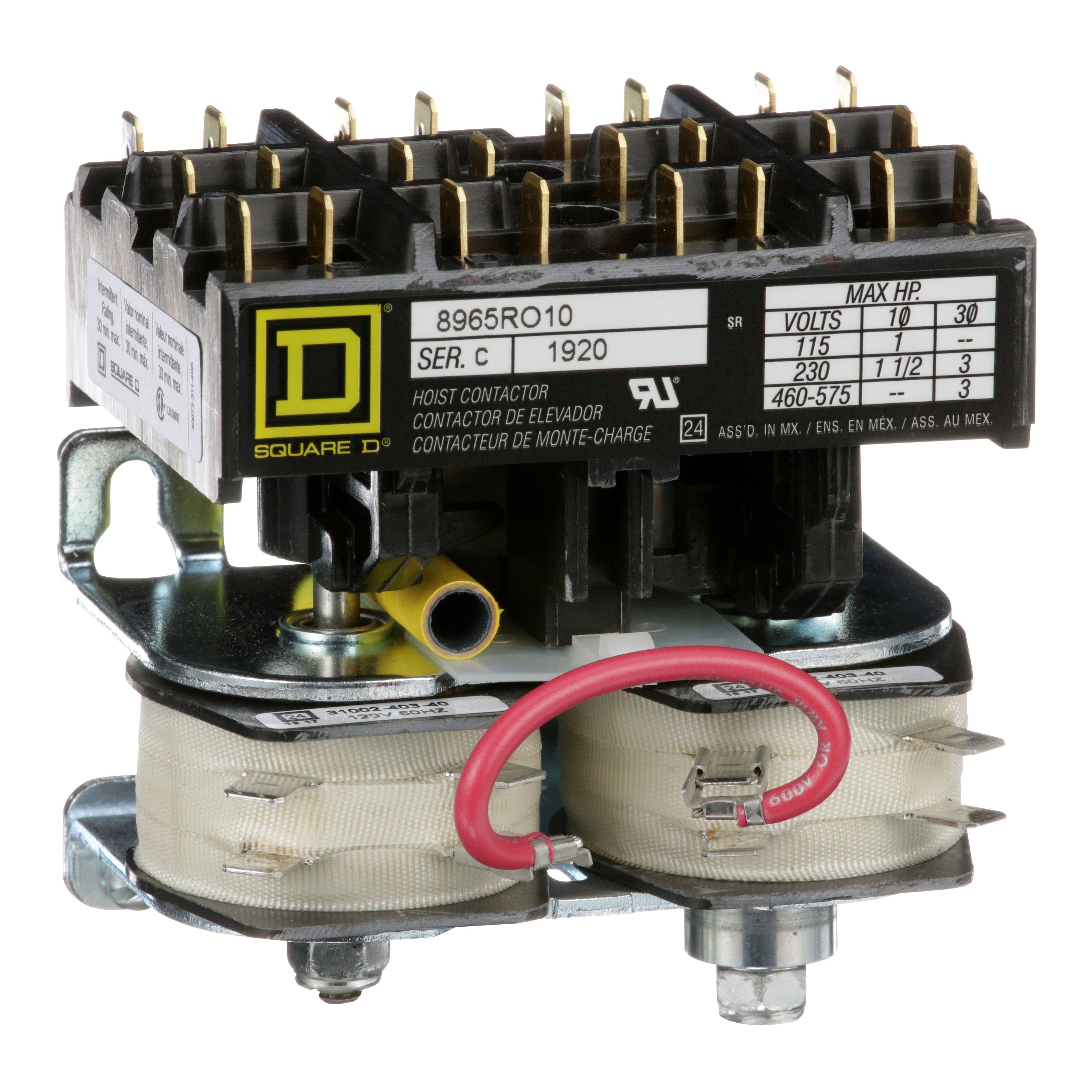 8965RO10V01 - Contactor, 8965RO, hoist, reversing, 3hp at 480VAC, 3 phase, 24VAC coil, quick connect terminals. open style