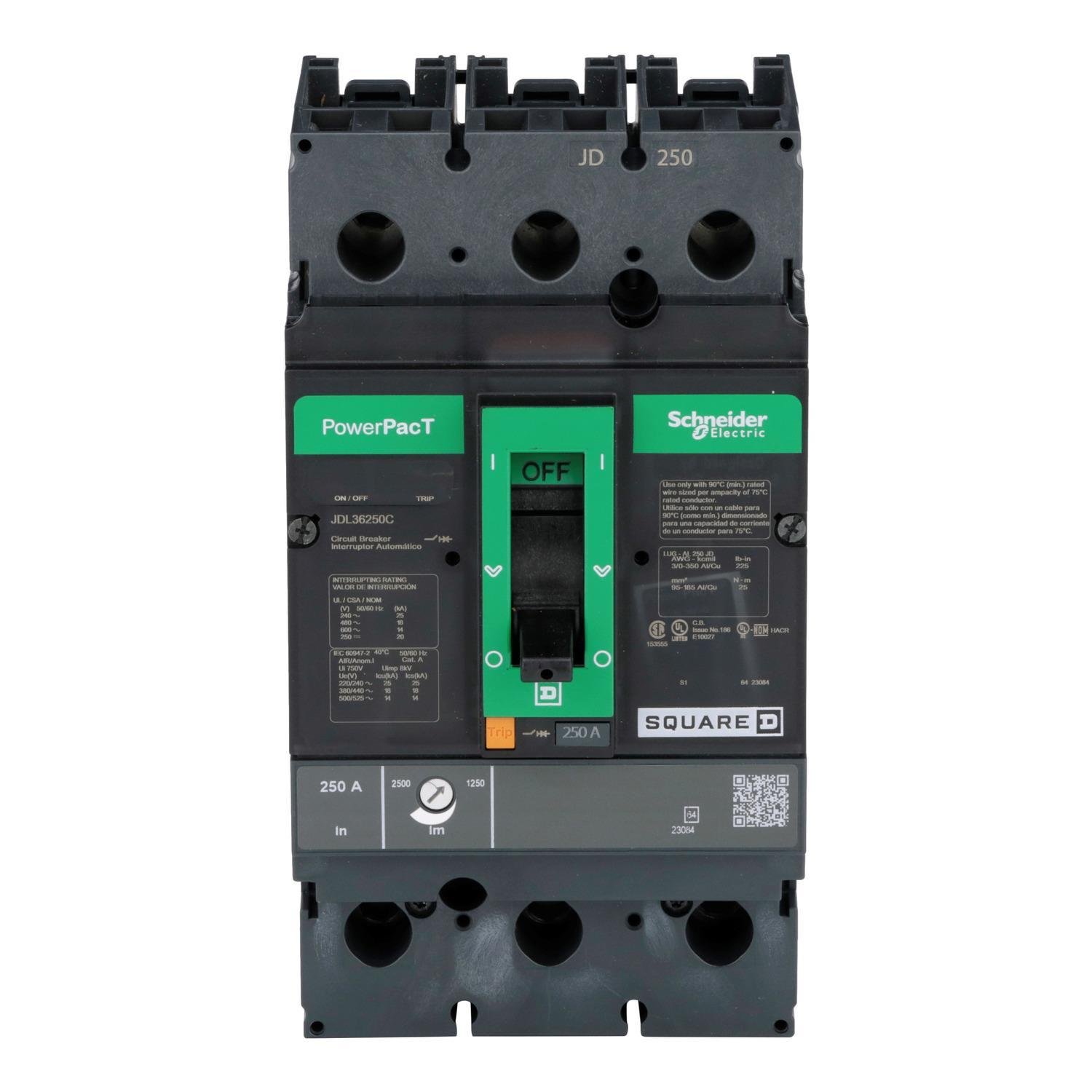JDL36250C - Circuit breaker, PowerPacT J, 250A, 3 pole, 600VAC, 14kA, lugs, thermal magnetic, 100%