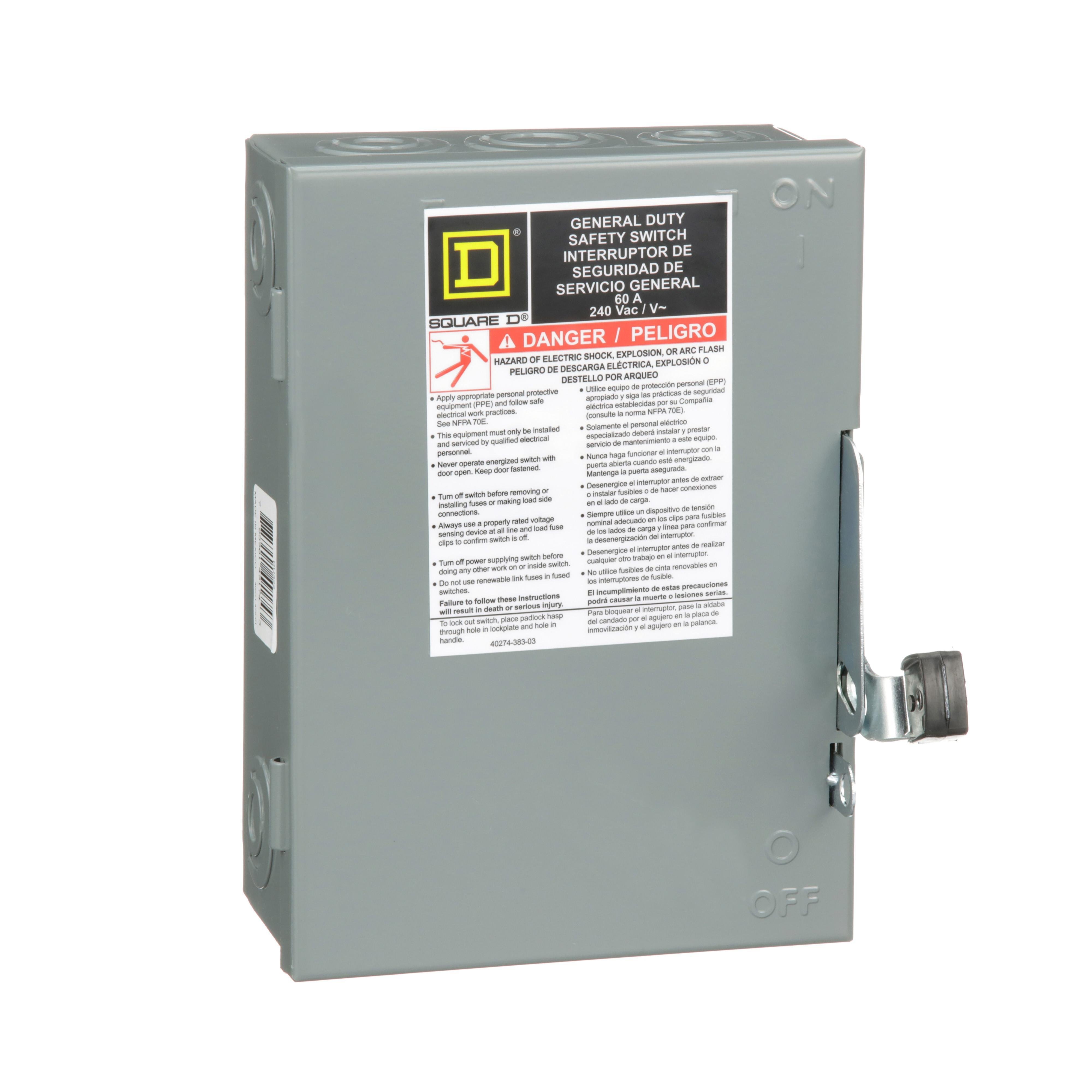 DU322 - Safety switch, general duty, non fusible, 60A, 3 pole, 15hp, 240VAC, NEMA 1
