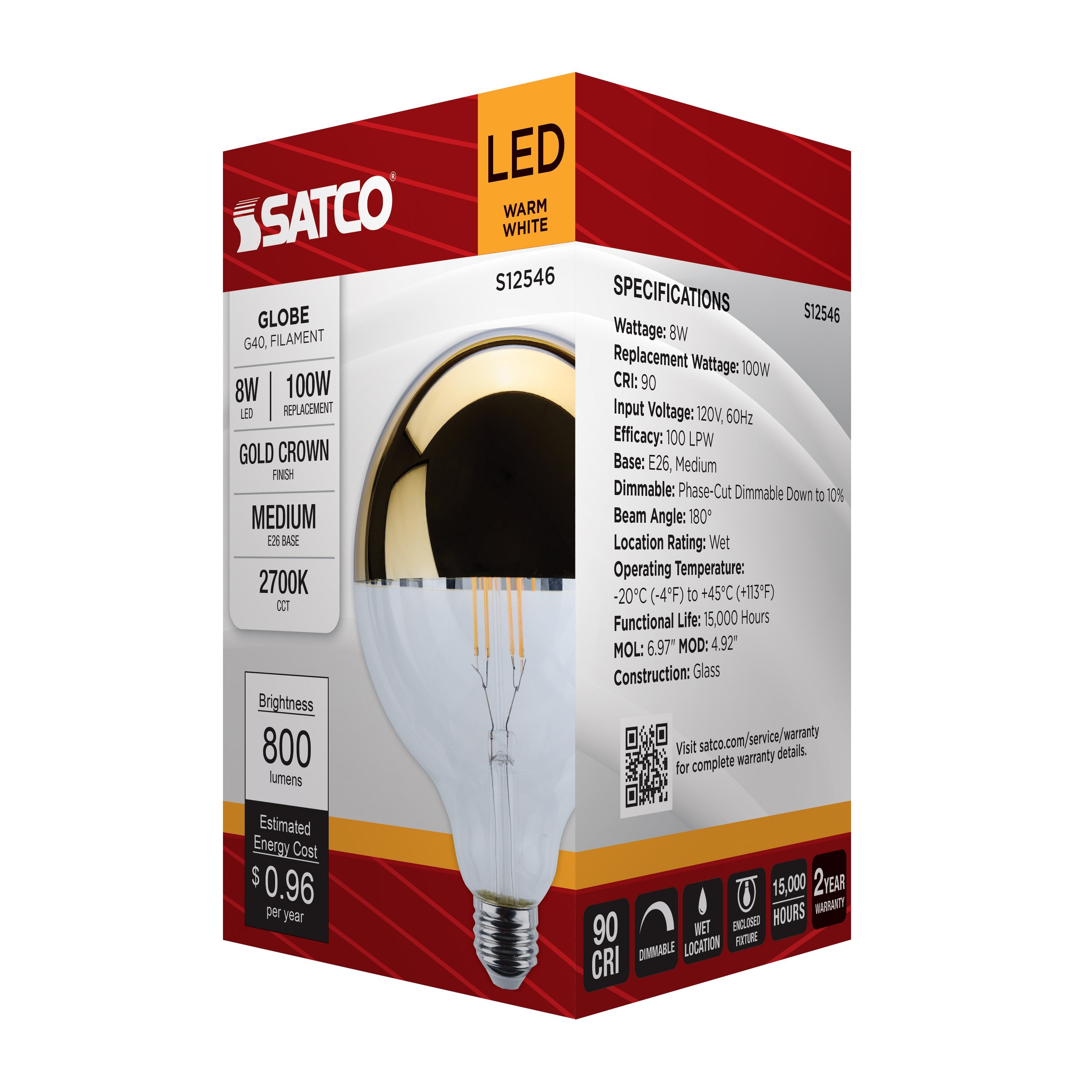 Picture of SAT S12546, 8W G40 LED Medium Base 2700K CCT, Gold Crown