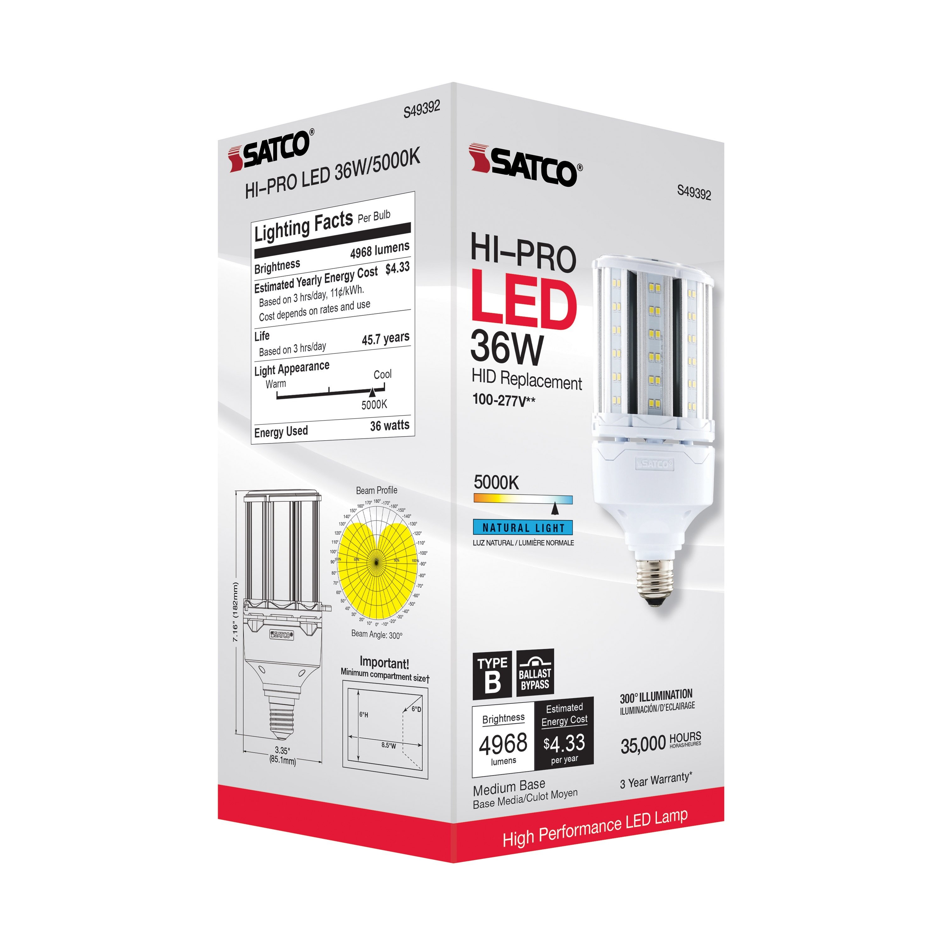 Picture of S49392 - 36 Watt LED HID Replacement - 80 CRI - 5000K - Type B - Ballast Bypass - Medium base - Economy Hi-Pro