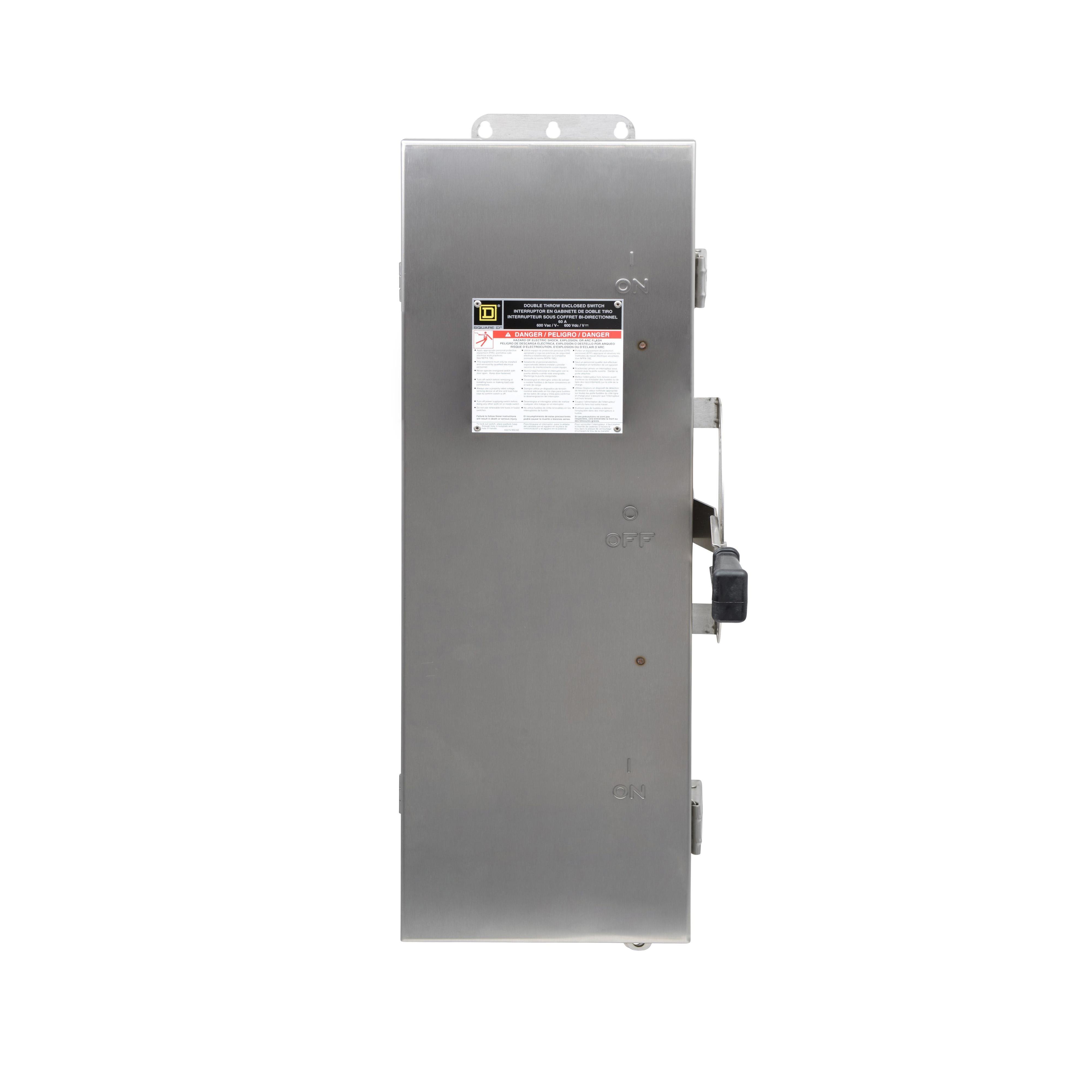 Picture of DTU362DS - Safety switch, double throw, non fusible, 3 pole, 3 wire, 600VAC, 600VDC, 60A, Type 4/4X/5, 304 stainless steel