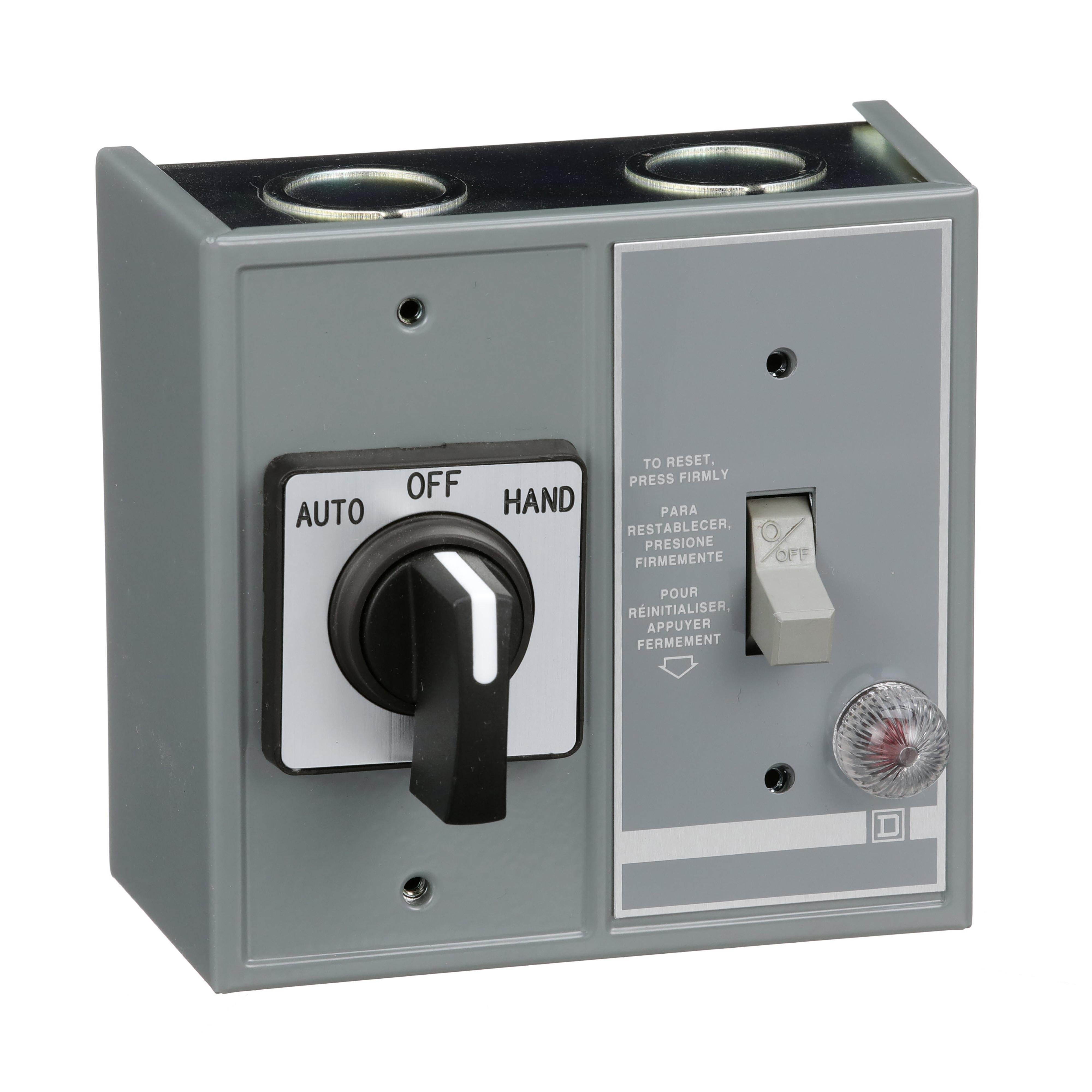 2510FG71P - Manual Starter, fractional horsepower, duplex, 16A, 1 pole, 1 HP at 277 VAC, toggle and selector, red indicator, NEMA 1