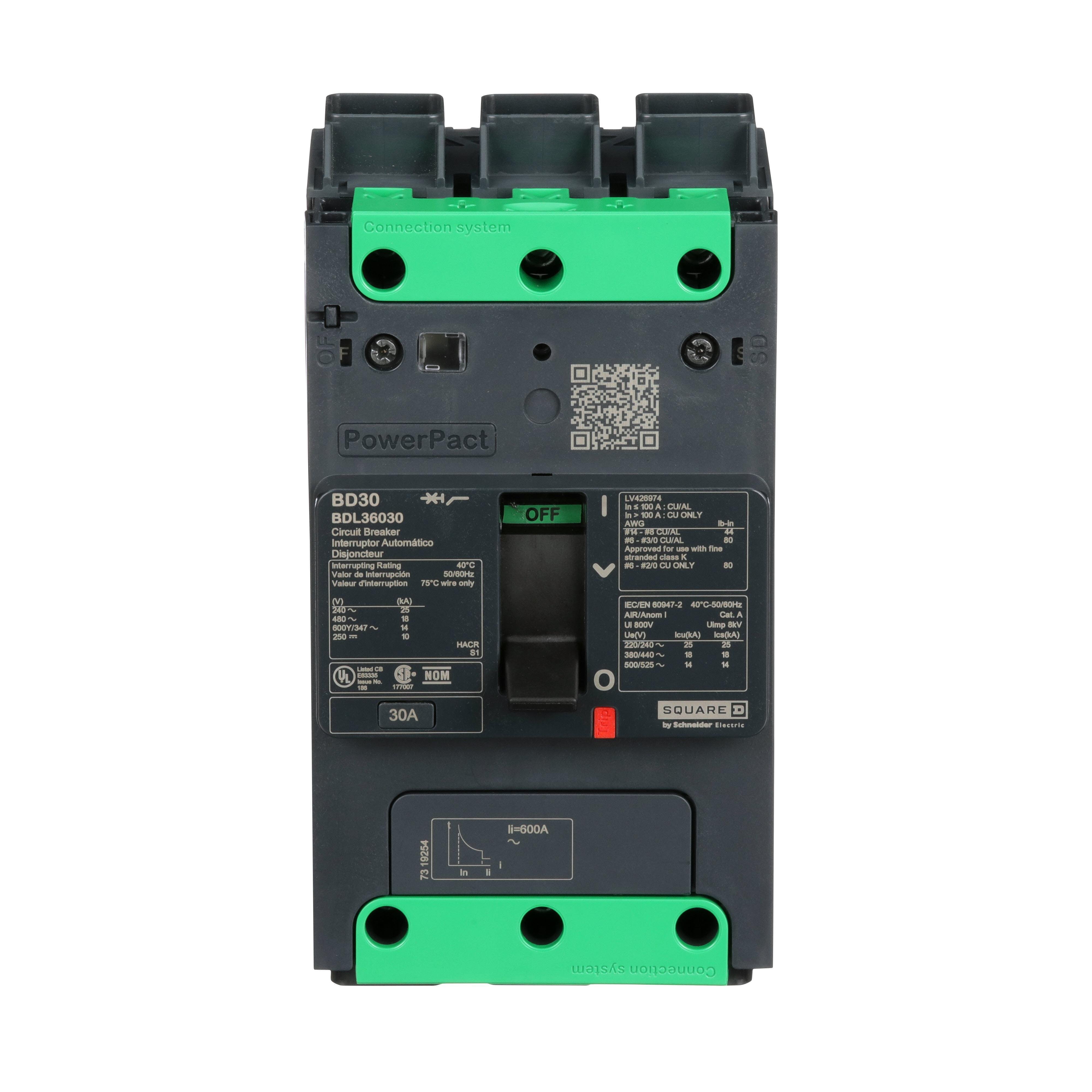 BDL36030 - Circuit breaker, PowerPacT B, 30A, 3 pole, 600Y/347VAC, 14kA, lugs, thermal magnetic, 80%