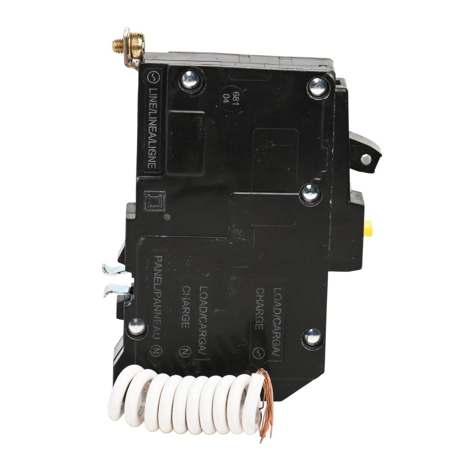 Picture of QOB115VHGFI - Mini circuit breaker, QO, 15A, 1 pole, 120VAC, 22kA, bolt on, 6mA grd fault A, pigtail