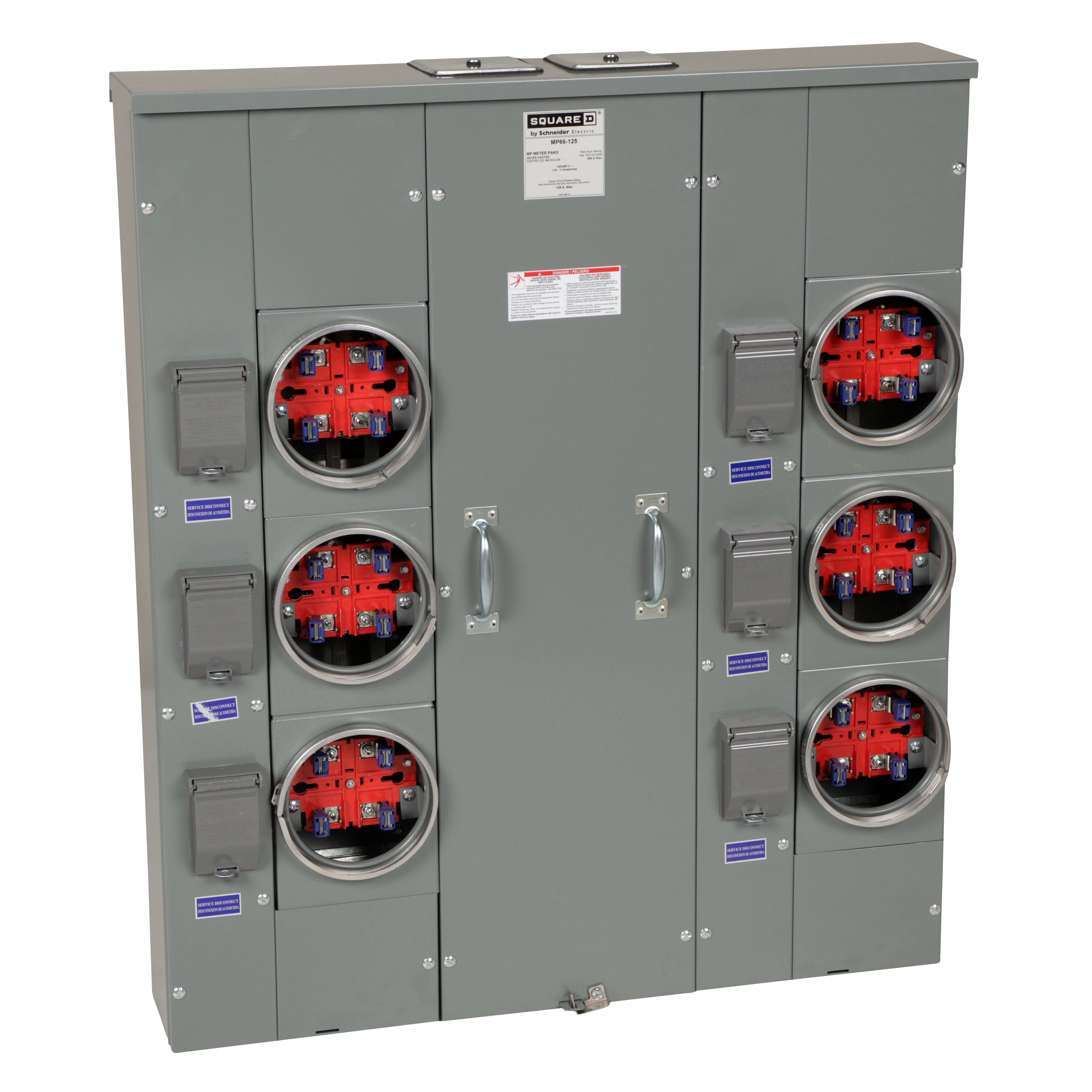 MP66125 - Meter center, MP Meter-Pak, 6 sockets, no bypass, 4 jaws, 600A bus, 125A max breaker rating, ringed