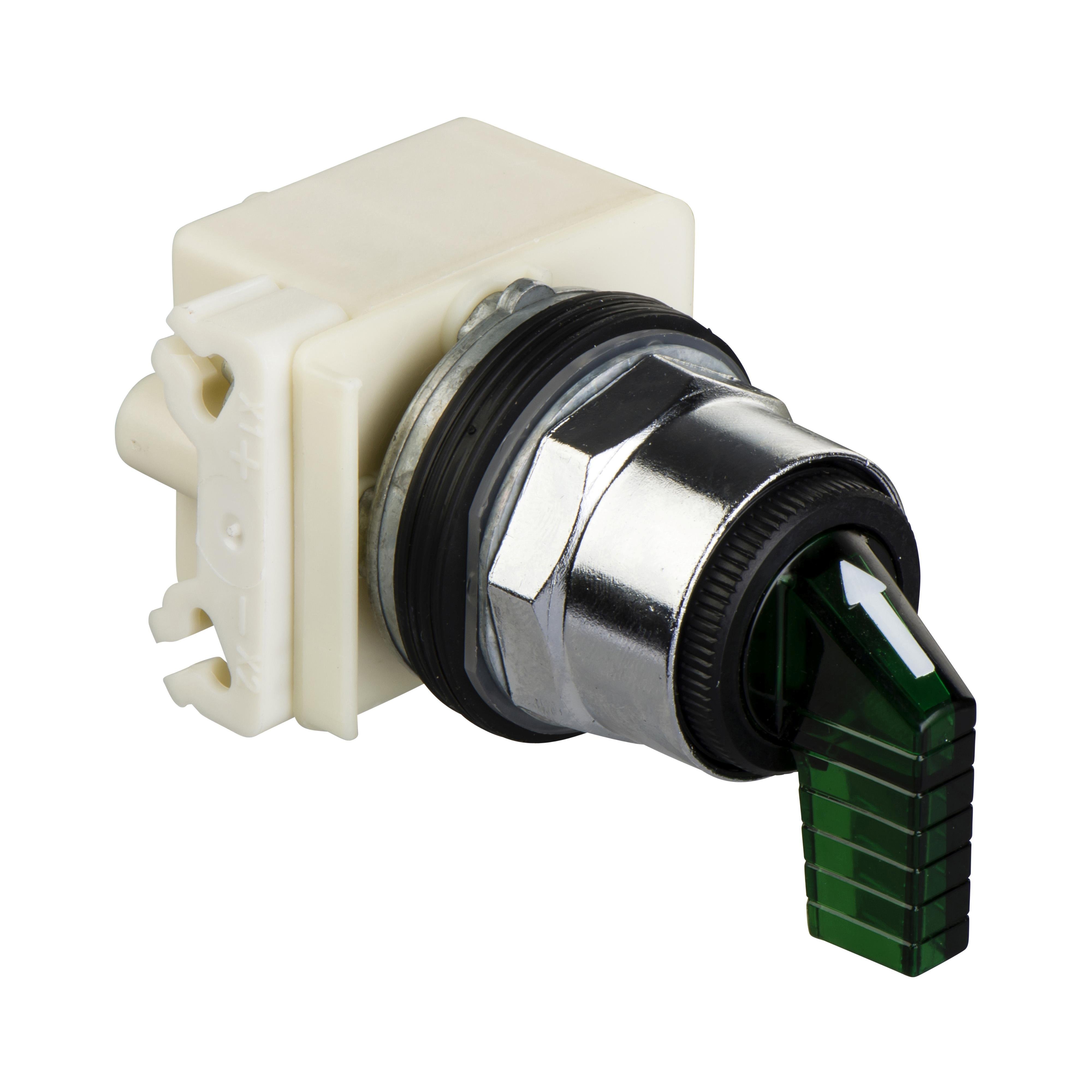 9001K11J35LGG - Illuminated selector switch head, Harmony 9001K, metal, standard handle, green, 30mm, 2 positions, stay put, LED green, 24-28V