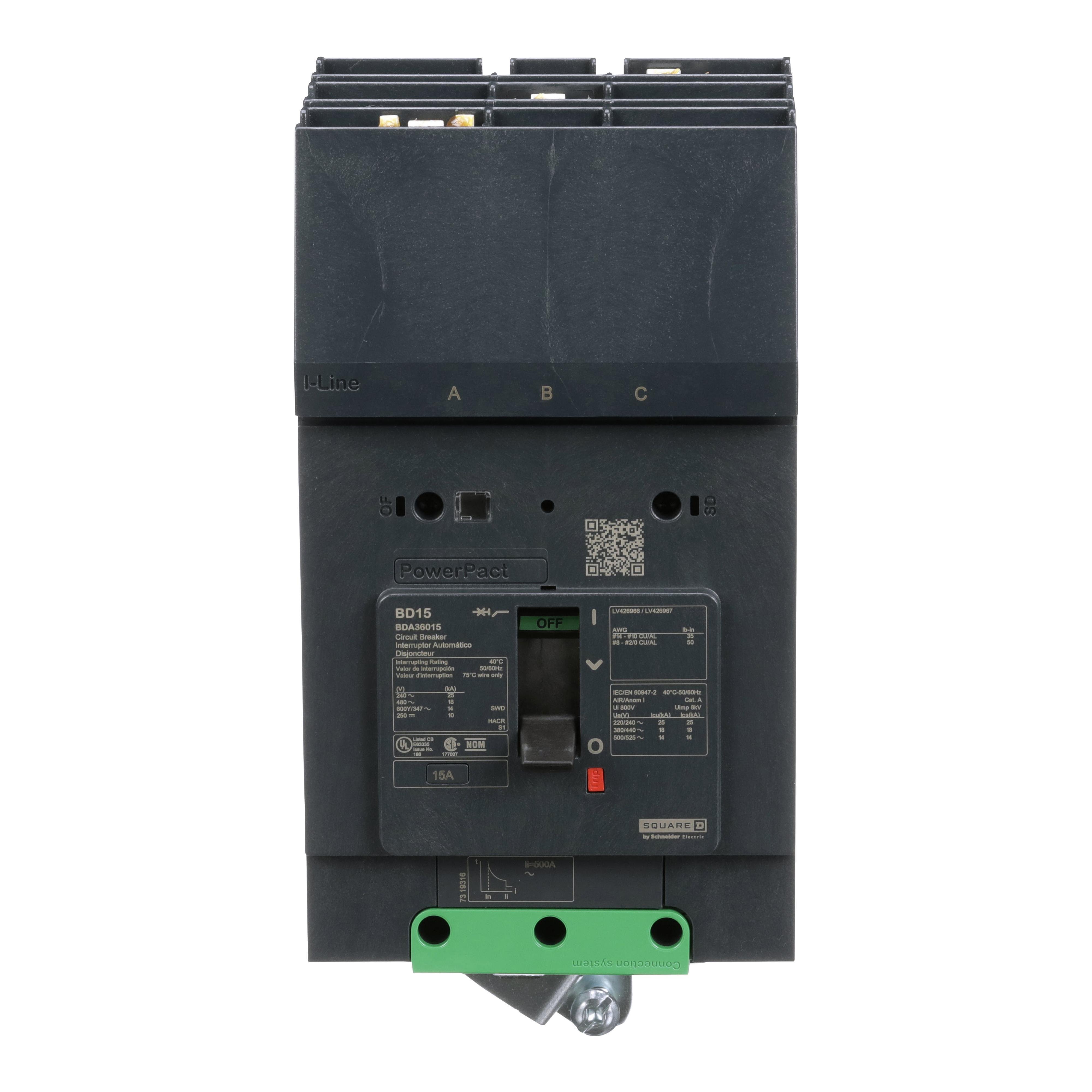 BDA36015 - Circuit breaker, PowerPacT B, 15A, 3 pole, 600Y/347VAC, 14kA, I-Line, thermal magnetic, 80%, ABC