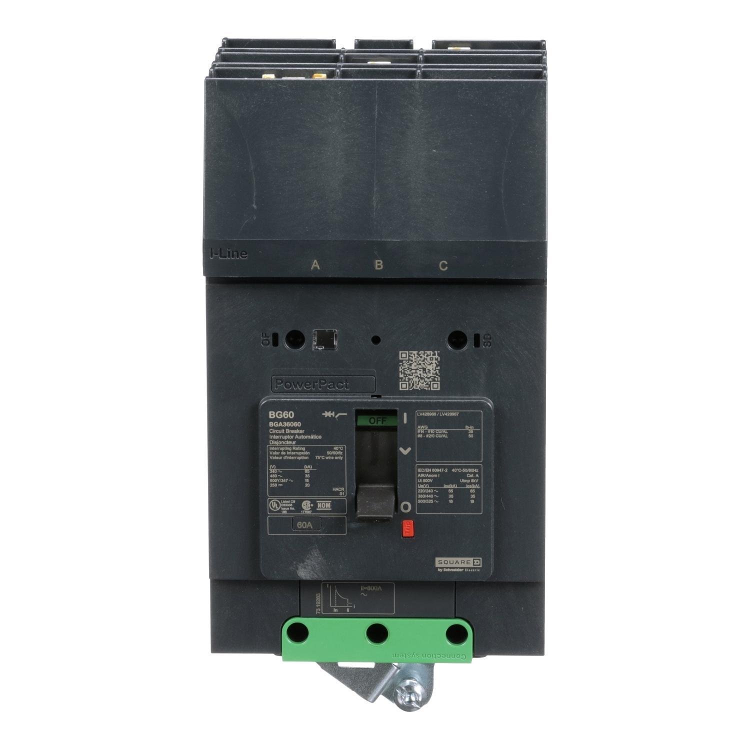 BGA36060 - Circuit breaker, PowerPacT B, 60A, 3 pole, 600Y/347VAC, 18kA, I-Line, thermal magnetic, 80%, ABC