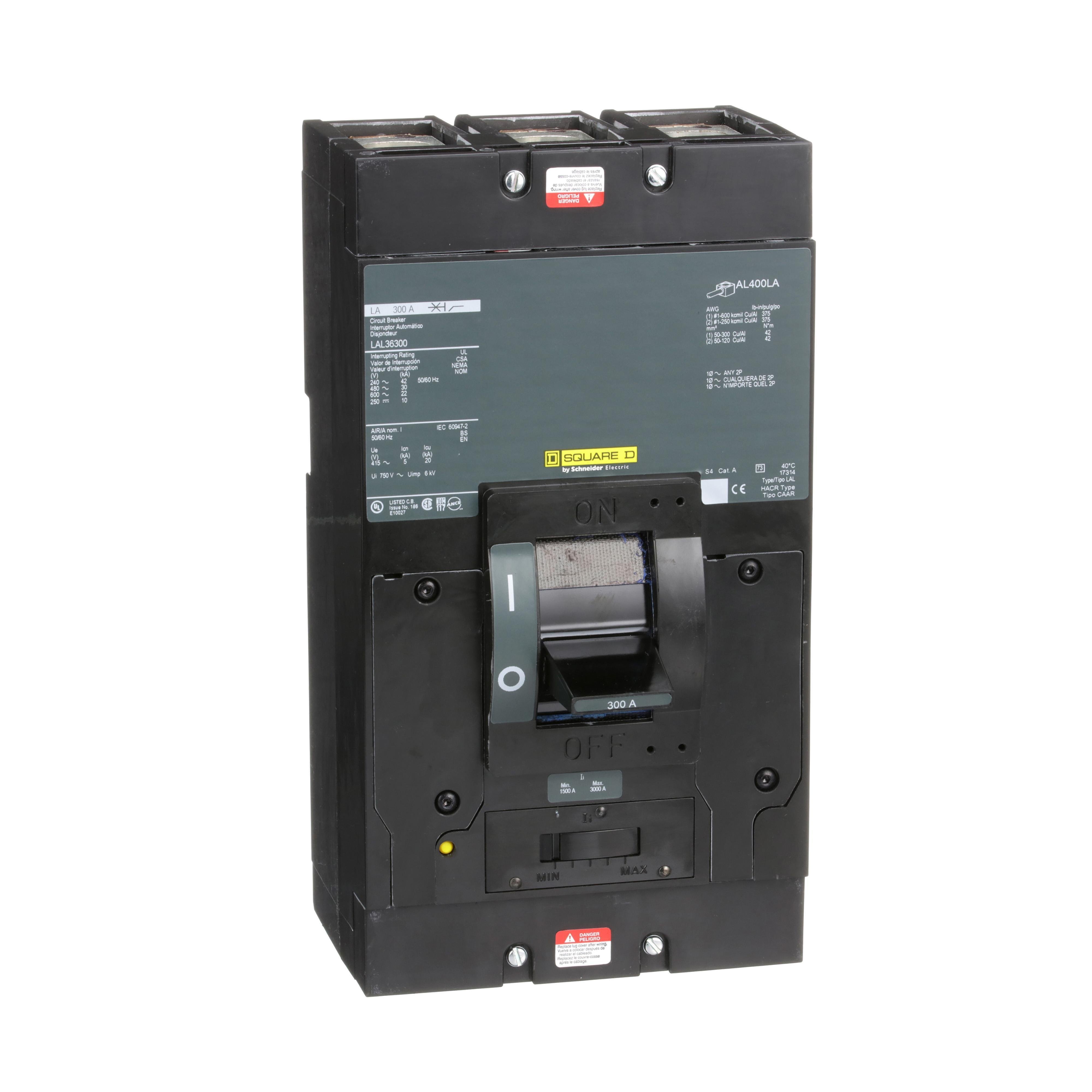 Picture of LAL36300 - Circuit breaker, LA, 300A, 3 pole, 600VAC, 22kA, 250VDC, 10kA, lugs, thermal magnetic