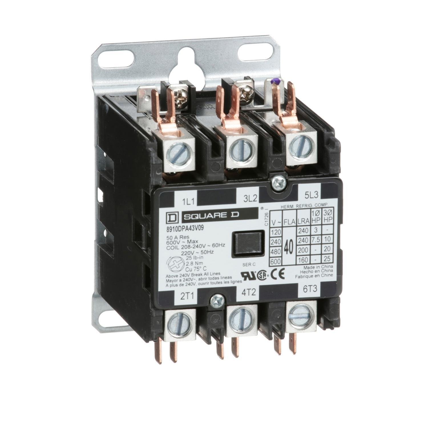 8910DPA43V09 - Contactor, Definite Purpose, 40A, 3 pole, 25HP at 575VAC, 3 phase, 208/240VAC 60Hz 220VAC 50Hz coil, open