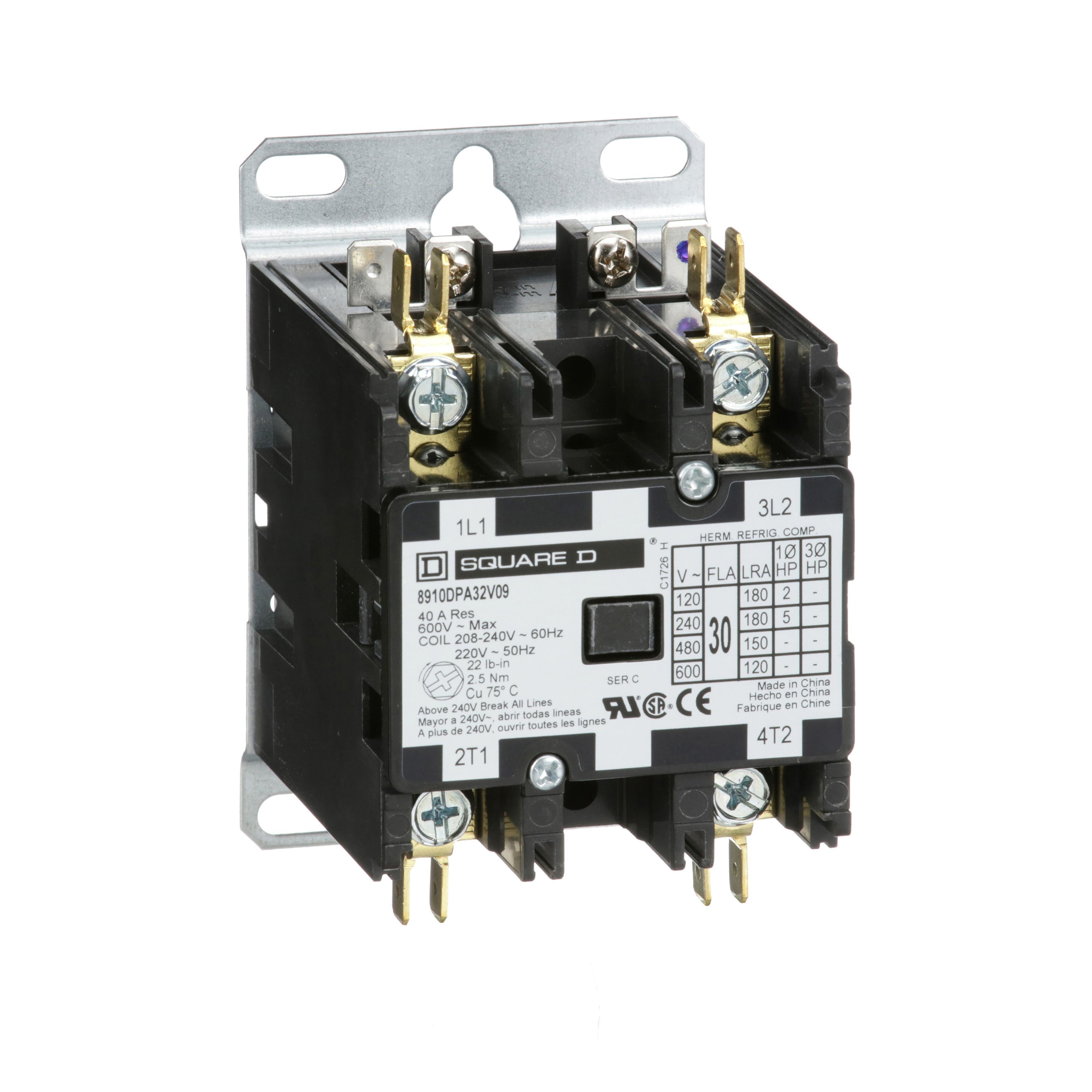 8910DPA32V09 - Contactor, Definite Purpose, 30A, 2 pole, 5HP at 230VAC, 1 phase, 208/240VAC 60Hz 220VAC 50Hz coil, open