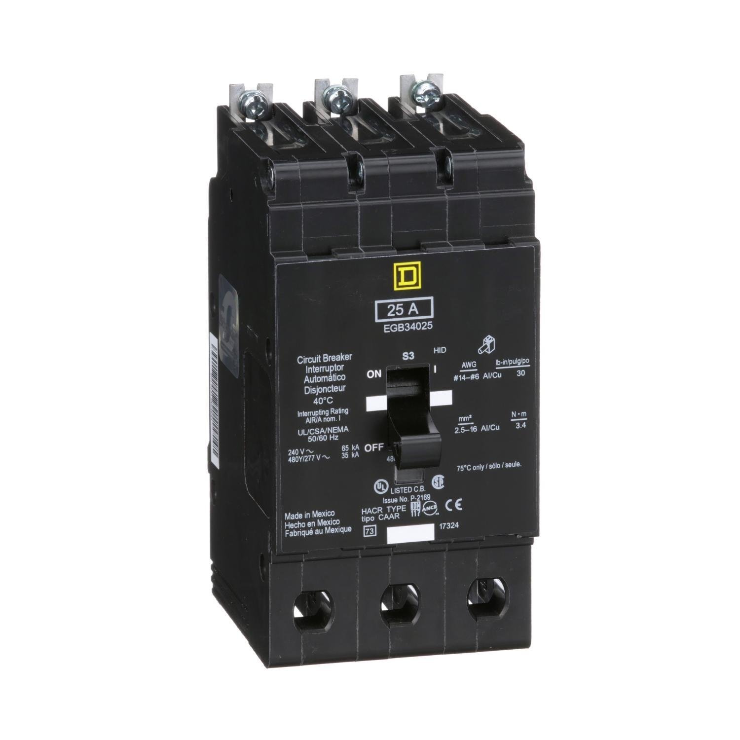 EGB34025 - [TAA] Mini circuit breaker, E-Frame, 25A, 3 pole, 480Y/277VAC, 65kA max, bolt on