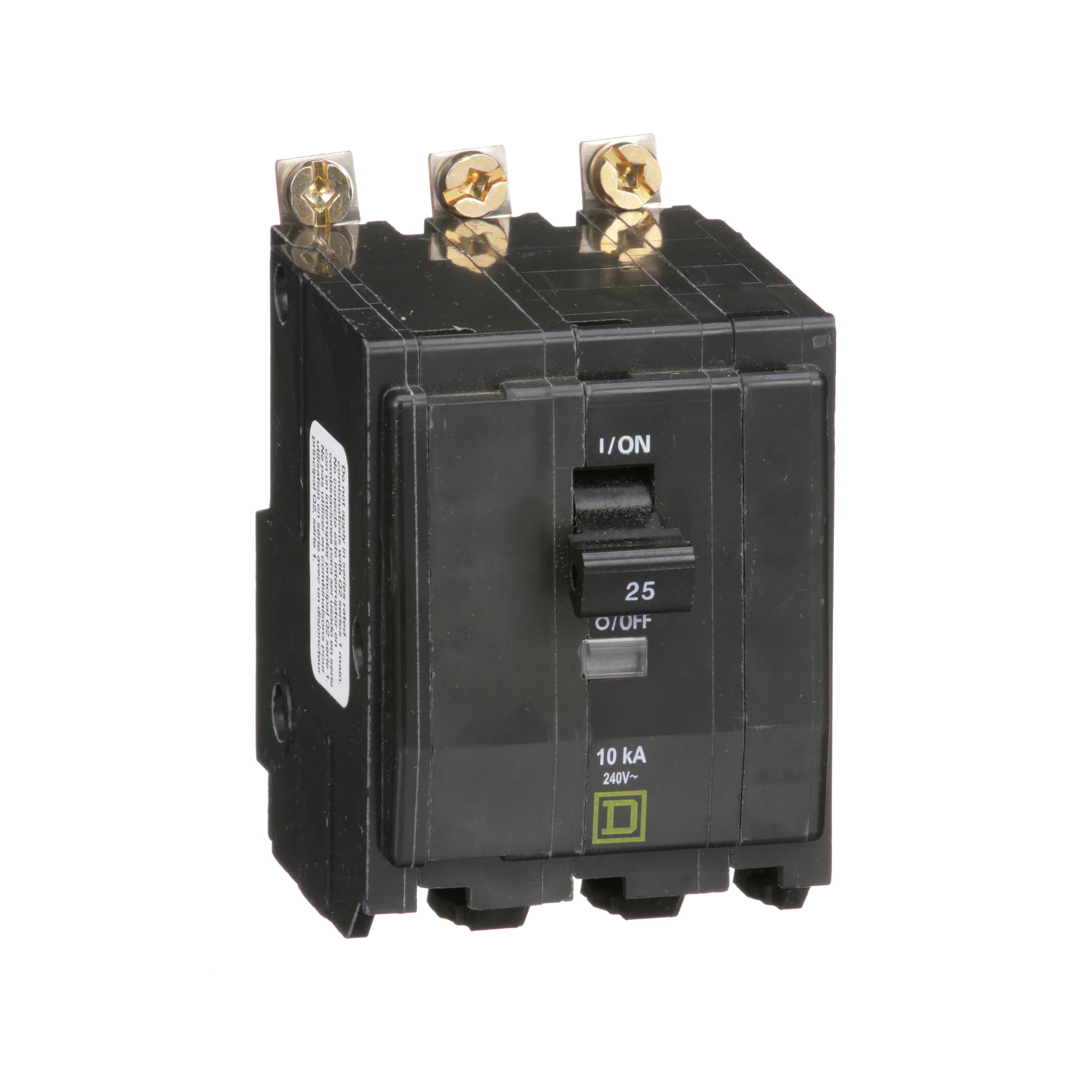 QOB325 - Mini circuit breaker, QO, 25A, 3 pole, 120/240VAC, 10kA, bolt on