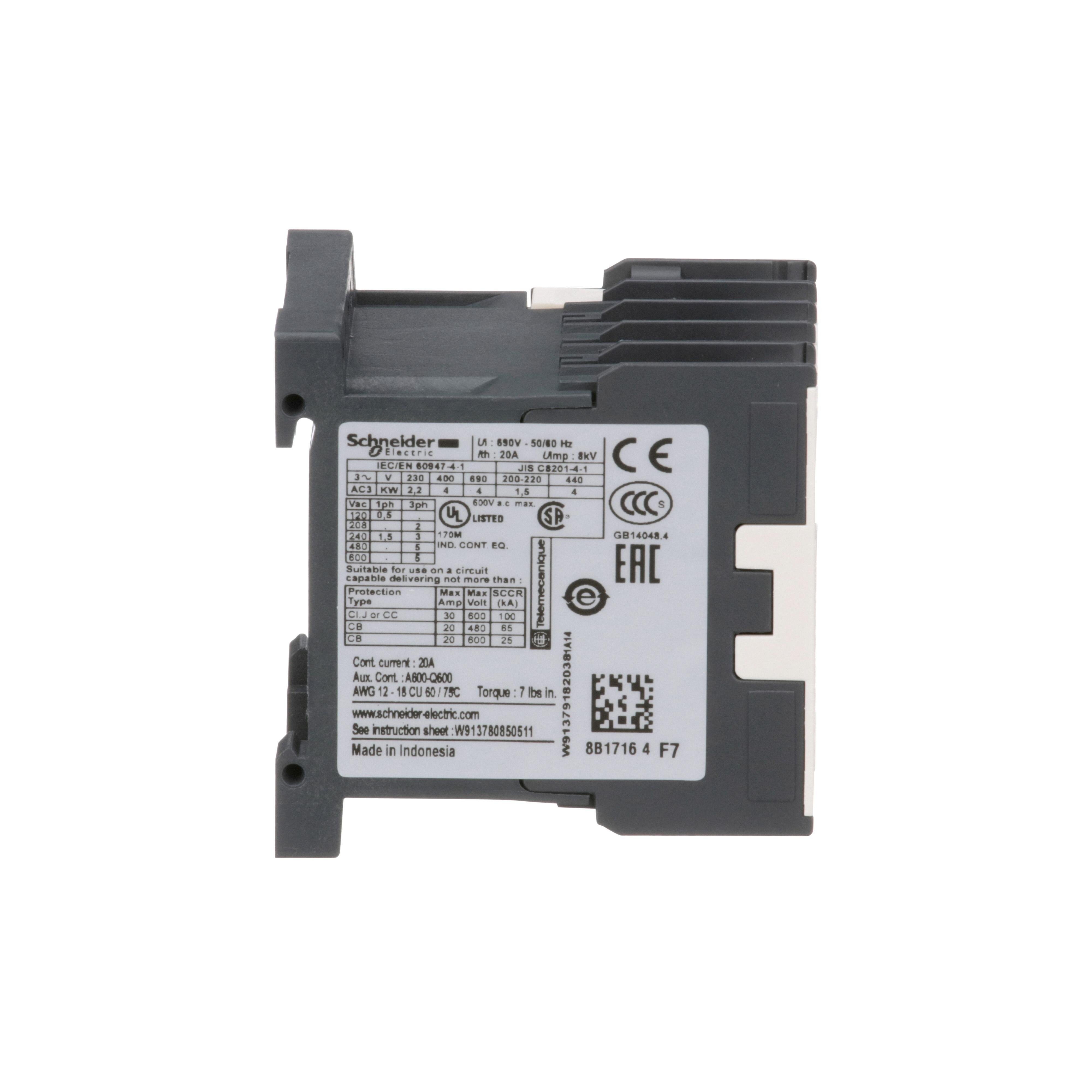 Picture of LC1K0910F7 - Contactor, IEC, TeSys K, 9A, 3 P, 5 HP at 480VAC, nonreversing, 1 NO auxilliary contact, 110VAC 50/60 Hz coil