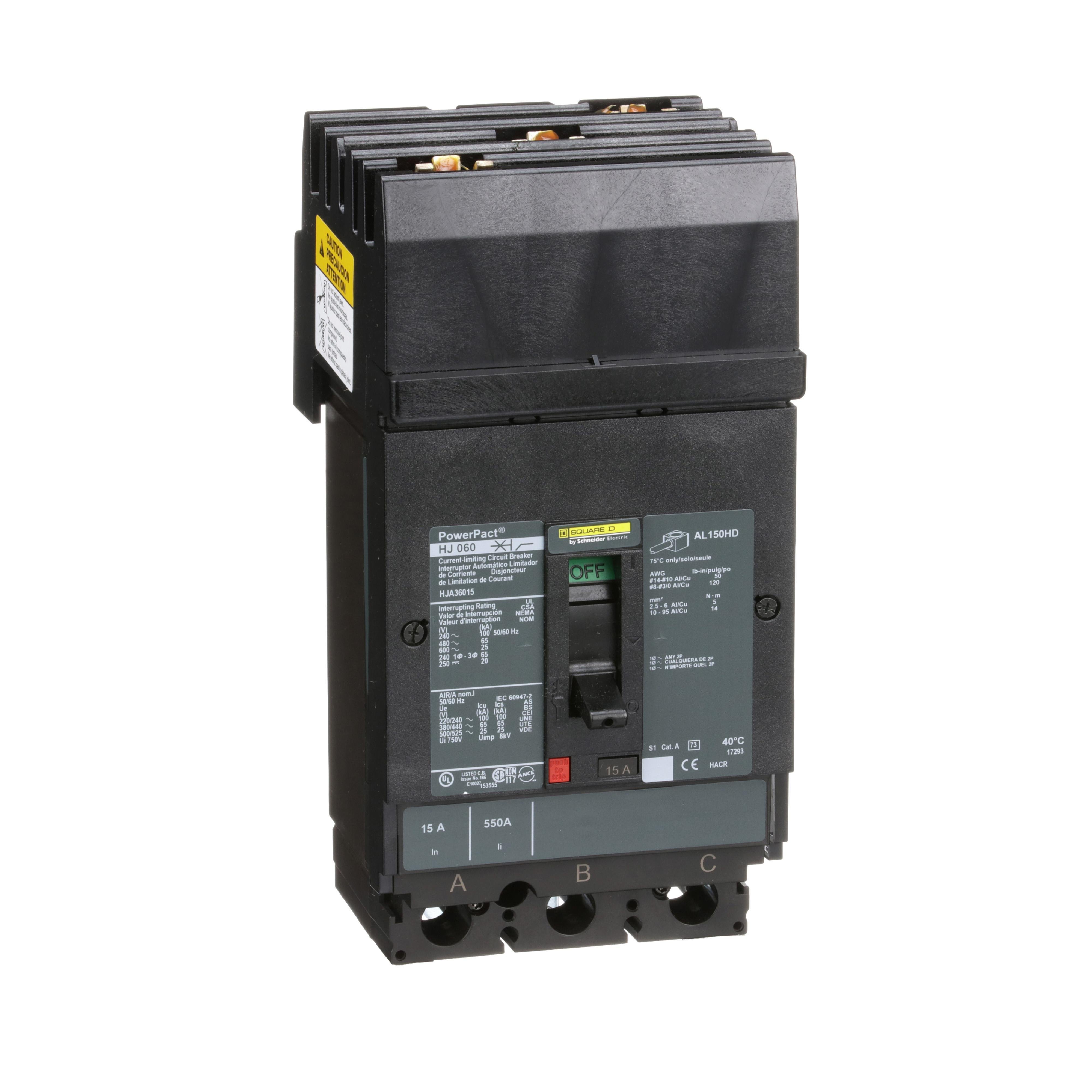 HJA36015 - Circuit breaker, PowerPacT H, 15A, 3 pole, 600VAC, 25kA, I-Line, thermal magnetic, 80%, ABC