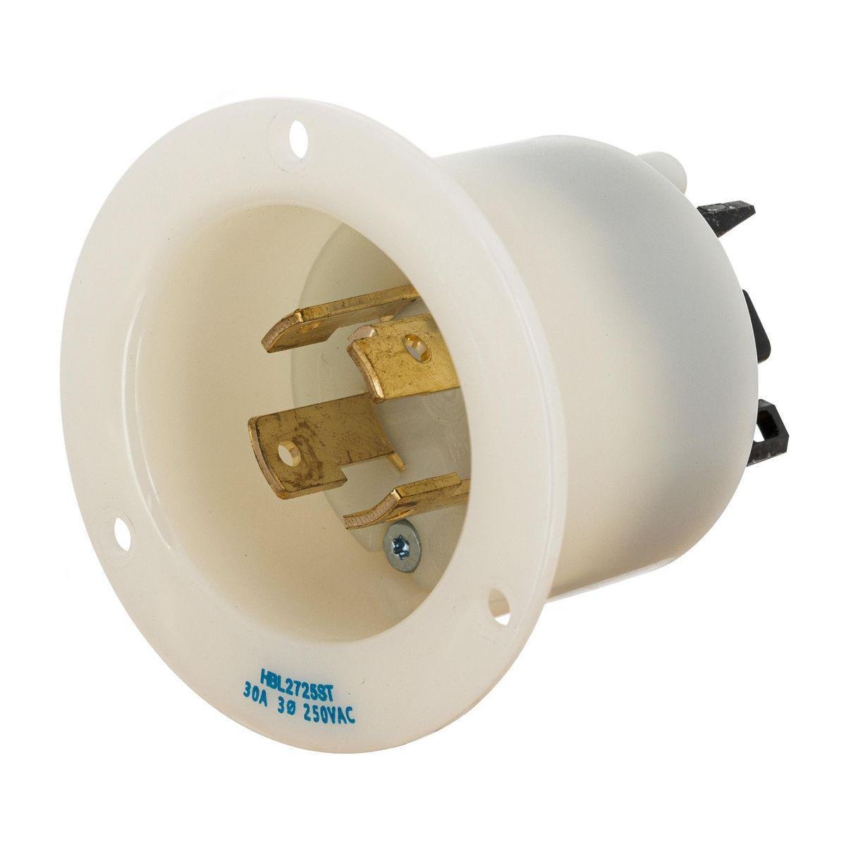 Picture of HBL2725ST - Locking Devices, EdgeConnect™ Twist-Lock®, Industrial, Insulgrip® Flanged Inlet, 30A 3-Phase Delta 250V AC, 3-Pole 4-Wire Grounding, L15-30P, Spring Terminal, White.