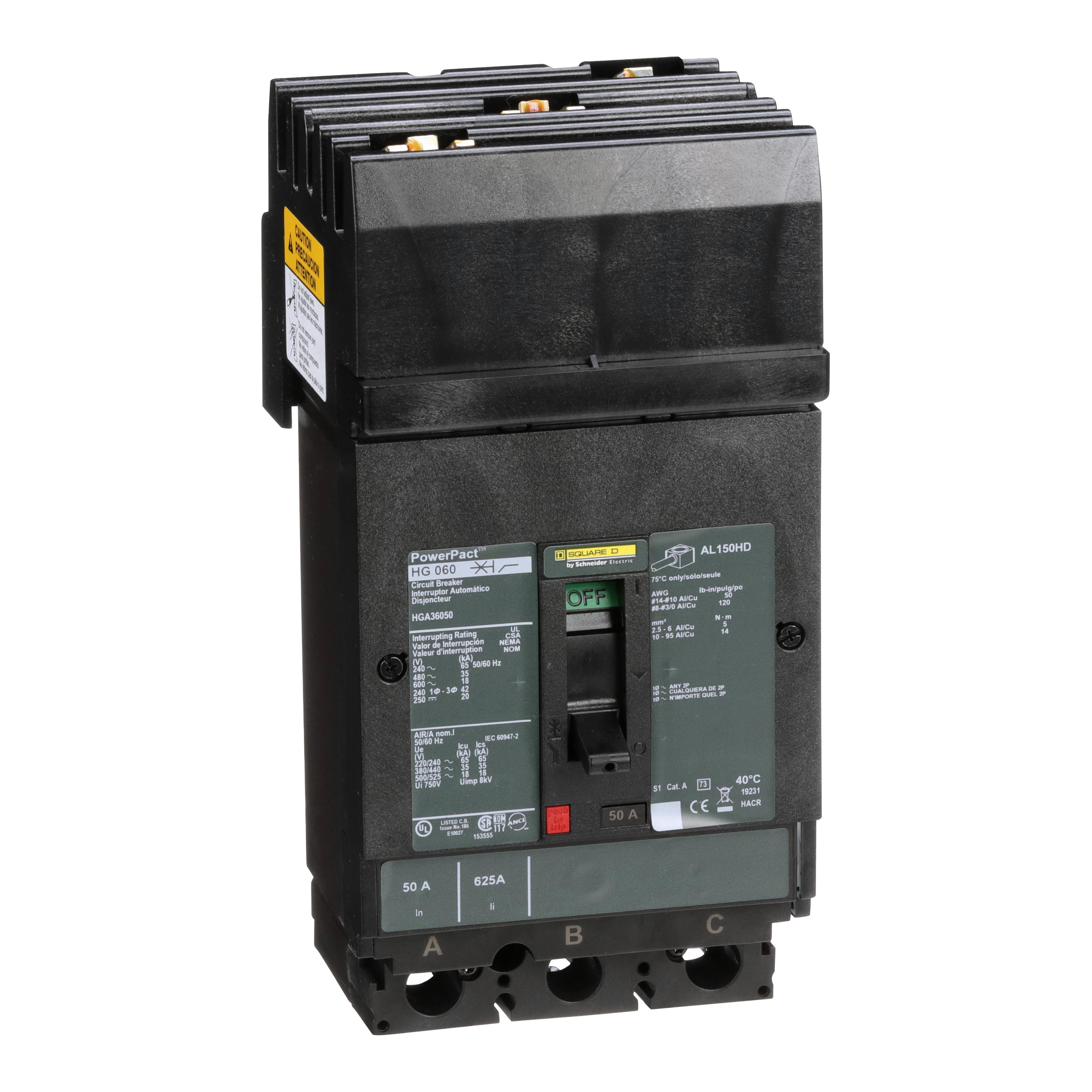 HGA36050 - Circuit breaker, PowerPacT H, 50A, 3 pole, 600VAC, 18kA, I-Line, thermal magnetic, 80%, ABC