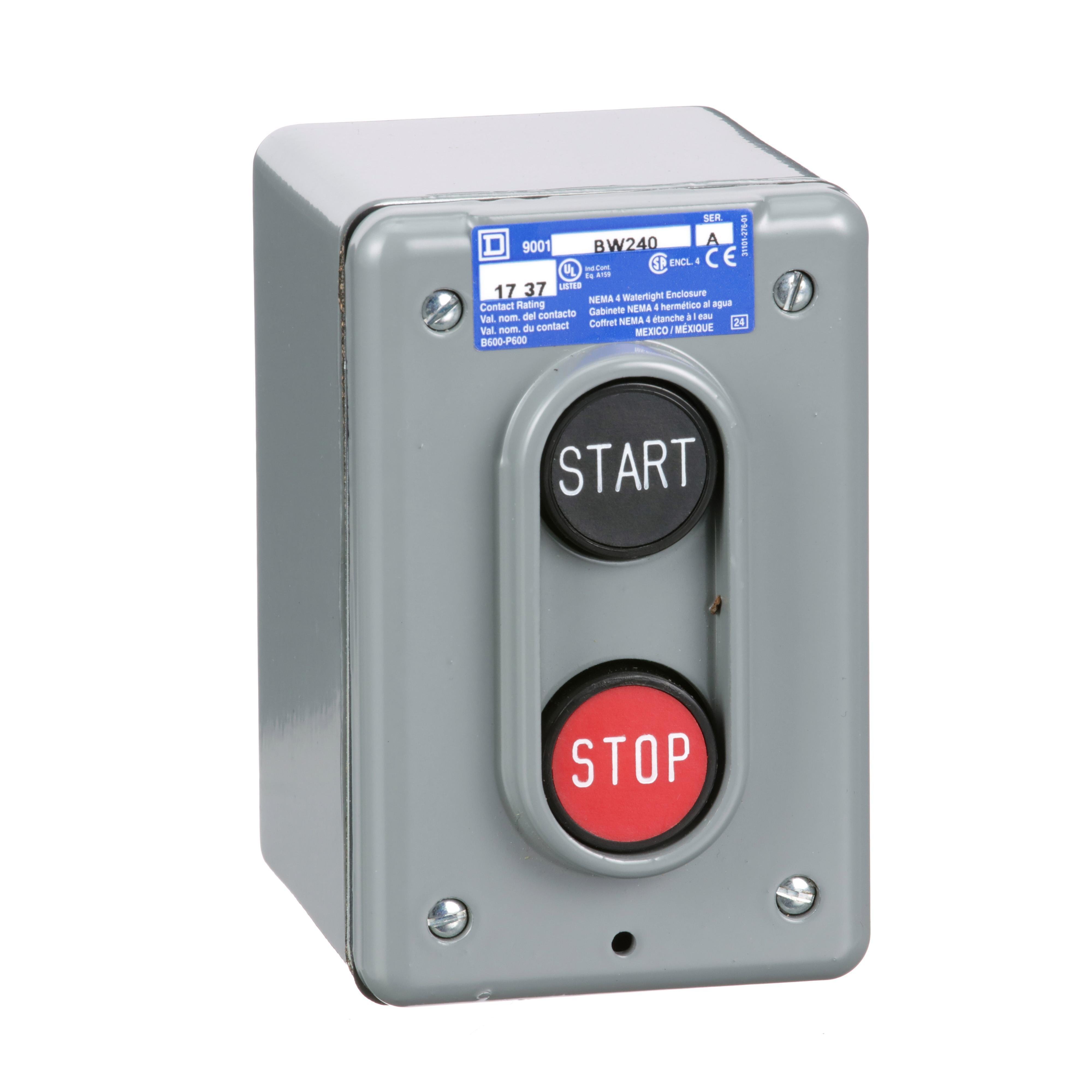 Picture of 9001BW240 - Complete control station, Harmony 9001B, 2 push buttons START-STOP, with lockout, 5A, 600V AC, 1NO + 1NC, NEMA 4