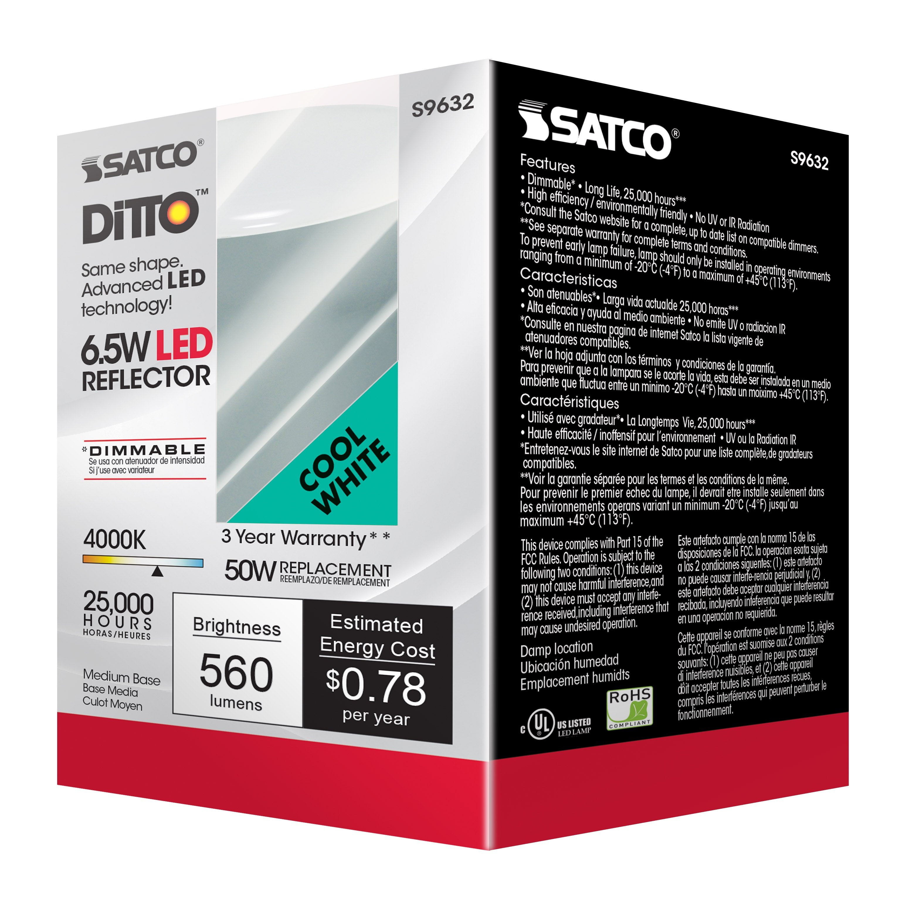 Picture of S9632 - 6.5 Watt - LED R20 - 4000K - 107 deg. Beam Angle - Medium base - 120 Volt - Dimmable