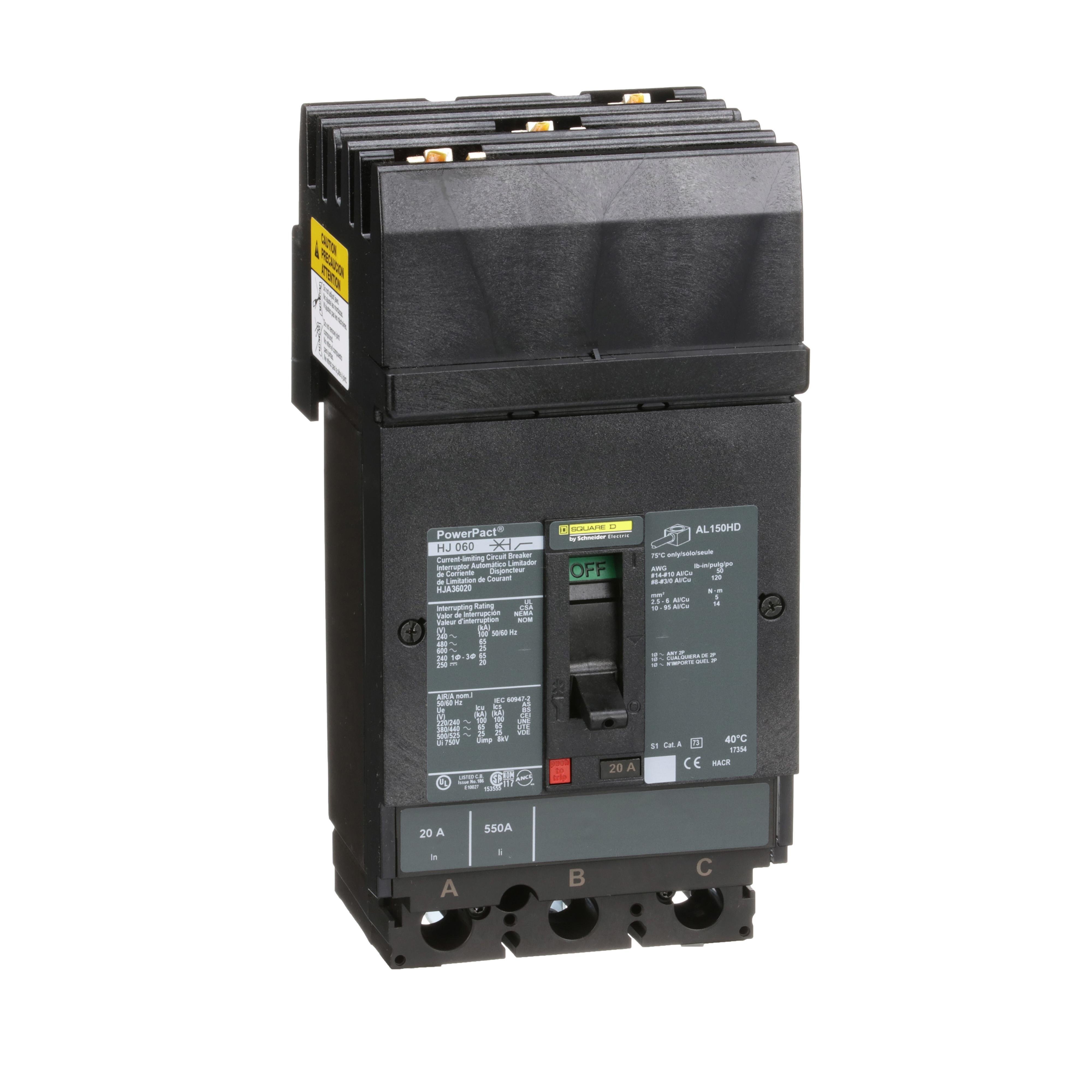 HJA36020 - Circuit breaker, PowerPacT H, 20A, 3 pole, 600VAC, 25kA, I-Line, thermal magnetic, 80%, ABC