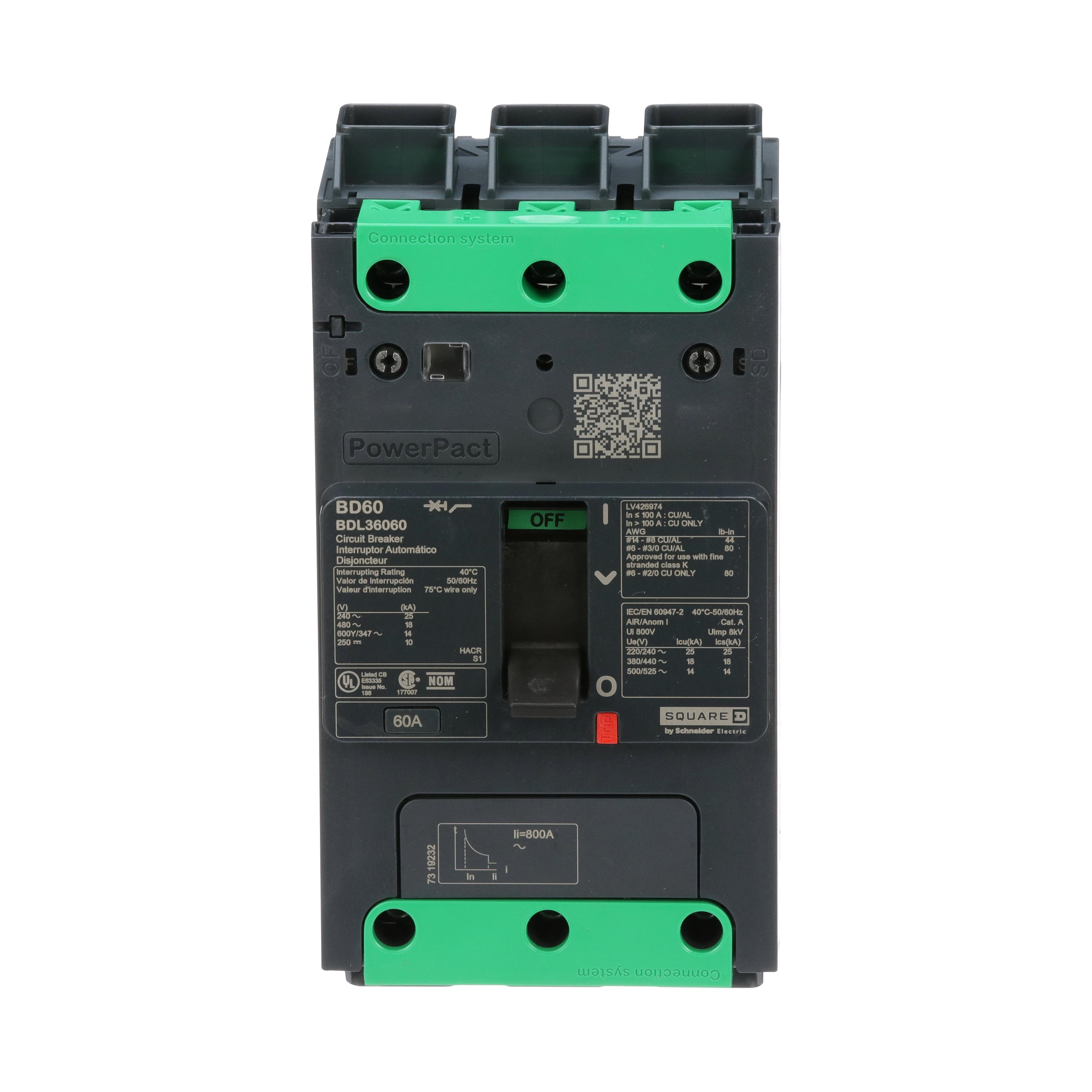 BDL36060 - Circuit breaker, PowerPacT B, 60A, 3 pole, 600Y/347VAC, 14kA, lugs, thermal magnetic, 80%