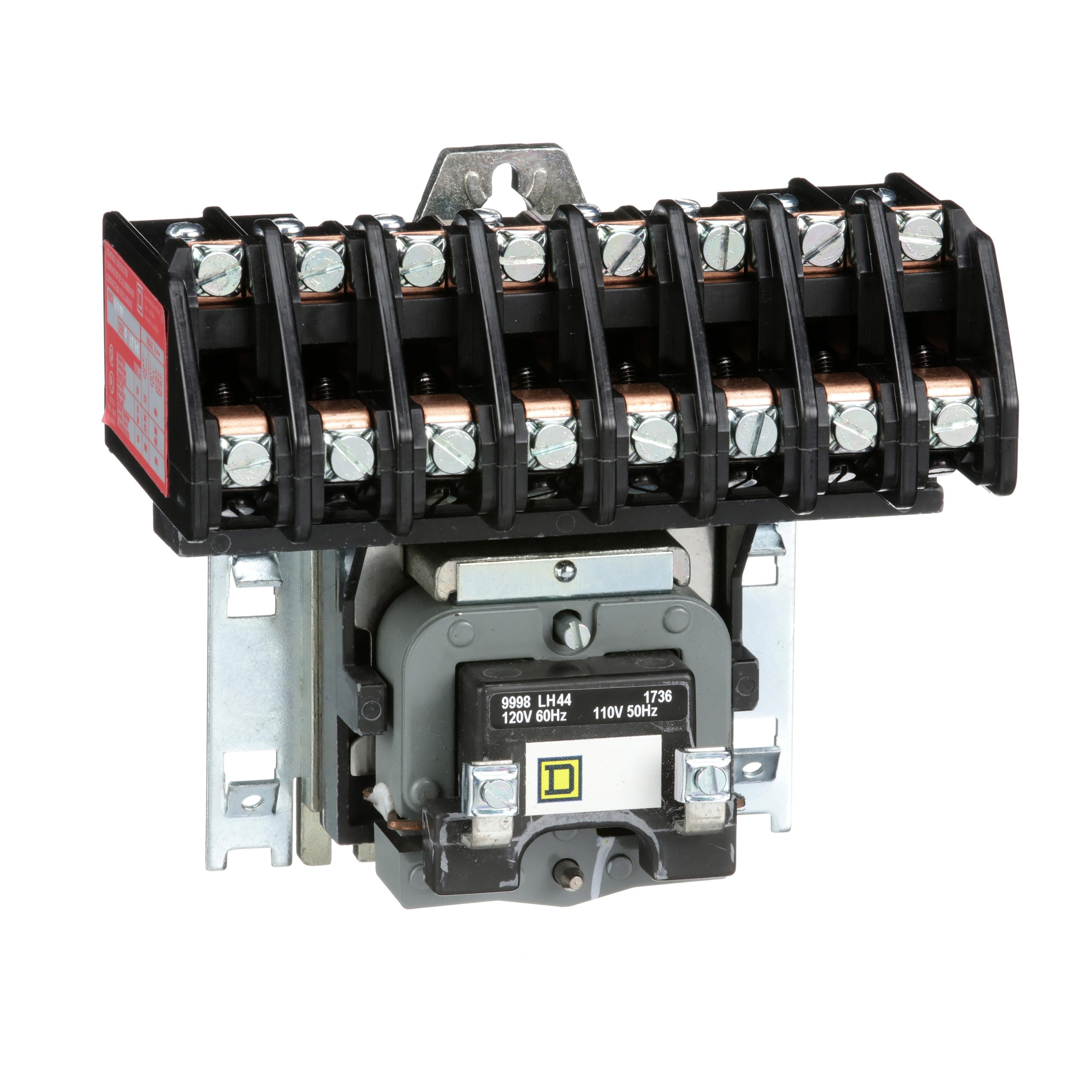 8903LO80V02 - Contactor, Type L, multipole lighting, electrically held, 30A, 8 pole, 600V, 110/120VAC 50/60Hz coil, open style [TAA]
