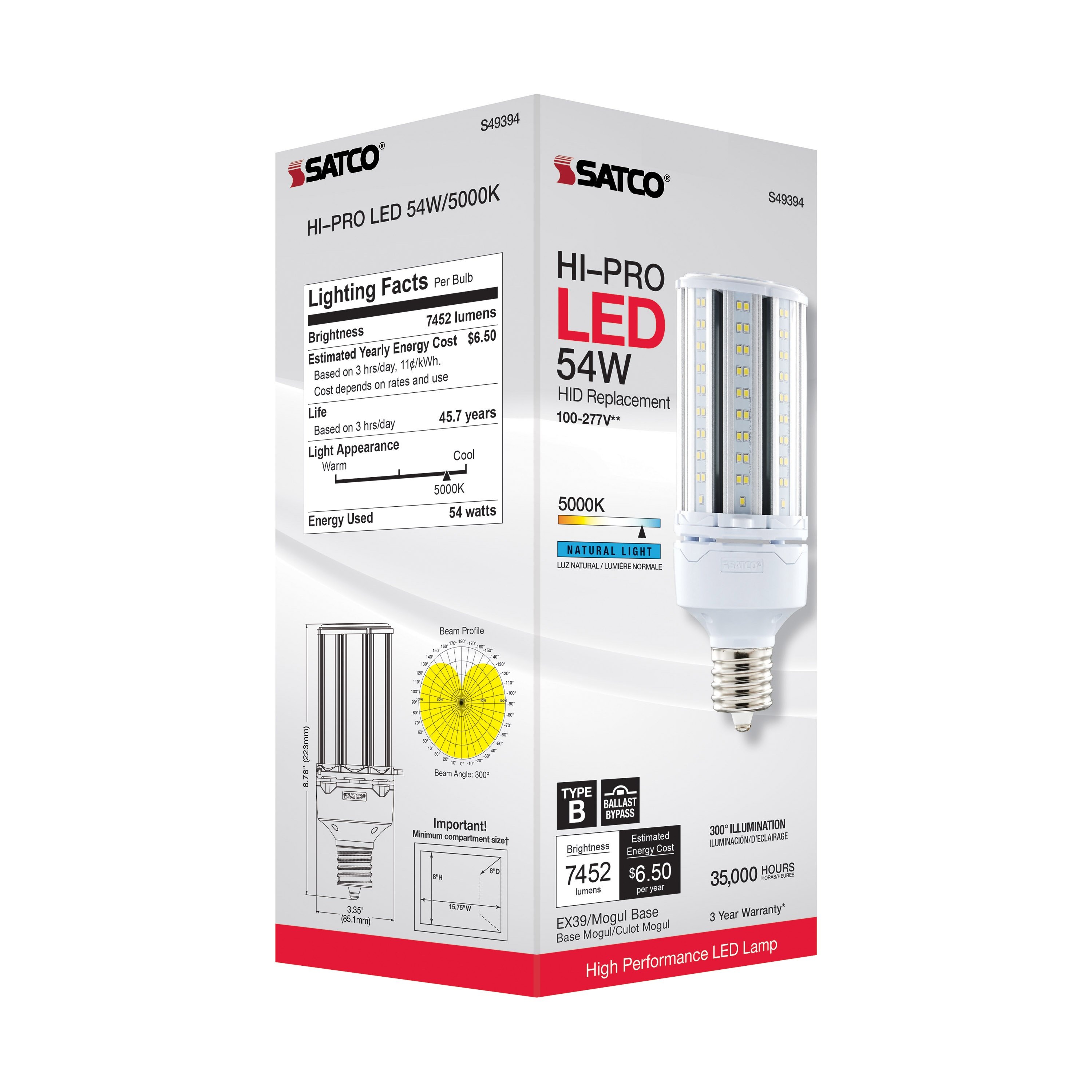 Picture of S49394 - 54 Watt LED HID Replacement - 5000K - Extended Mogul base - Type B Ballast Bypass - Economy Hi-Pro