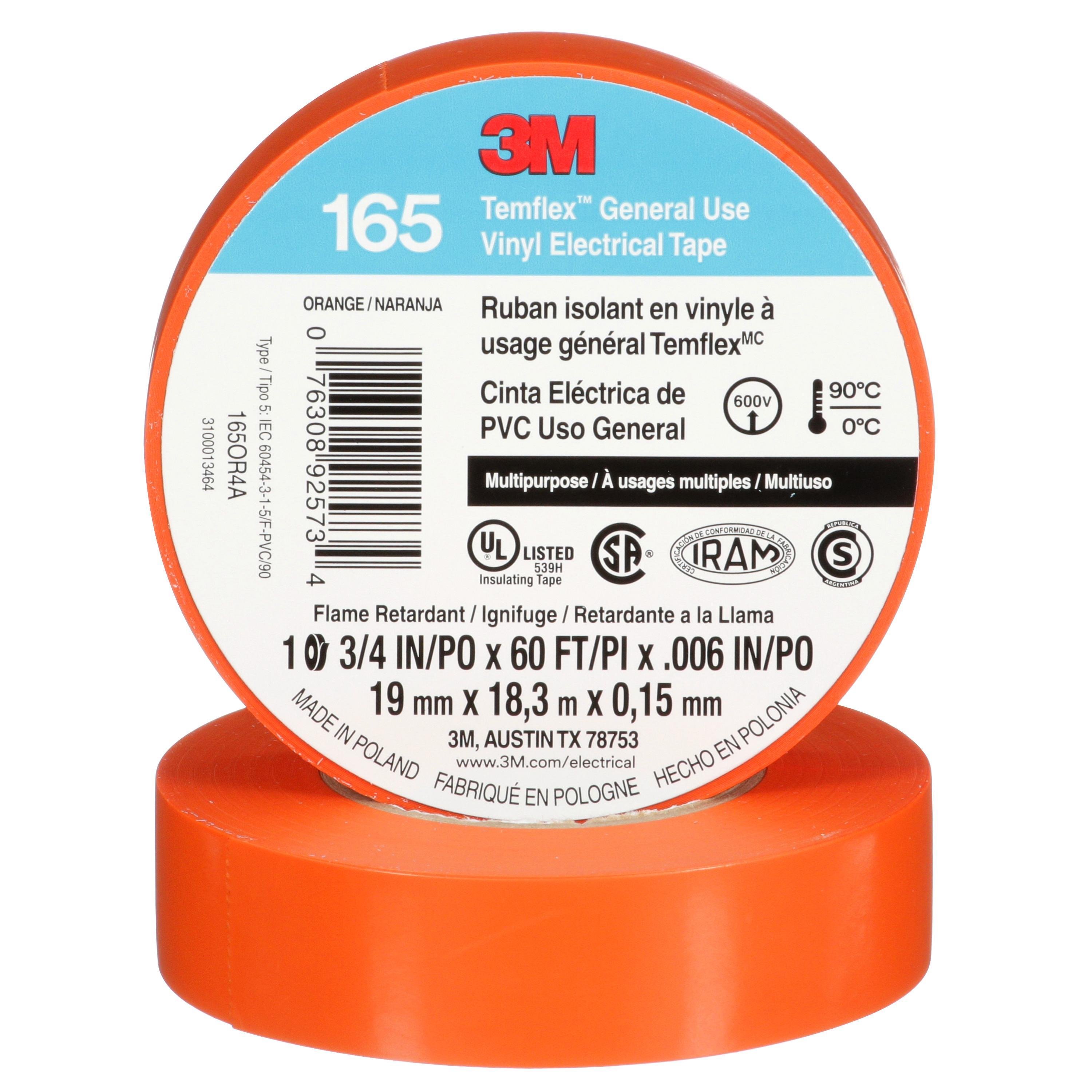 7100169433 - 3M™ Temflex™ Vinyl Electrical Tape 165, Orange, 3/4 in x 60 ft (19 mm x 18 m), 6 mil, 100 Rolls/Case
